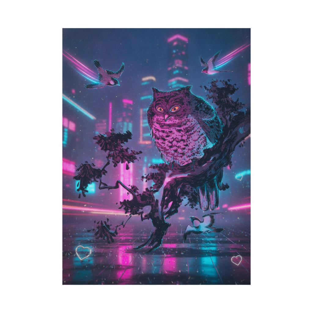 Neon Noir — Owl And Two Swallows — Matte Poster