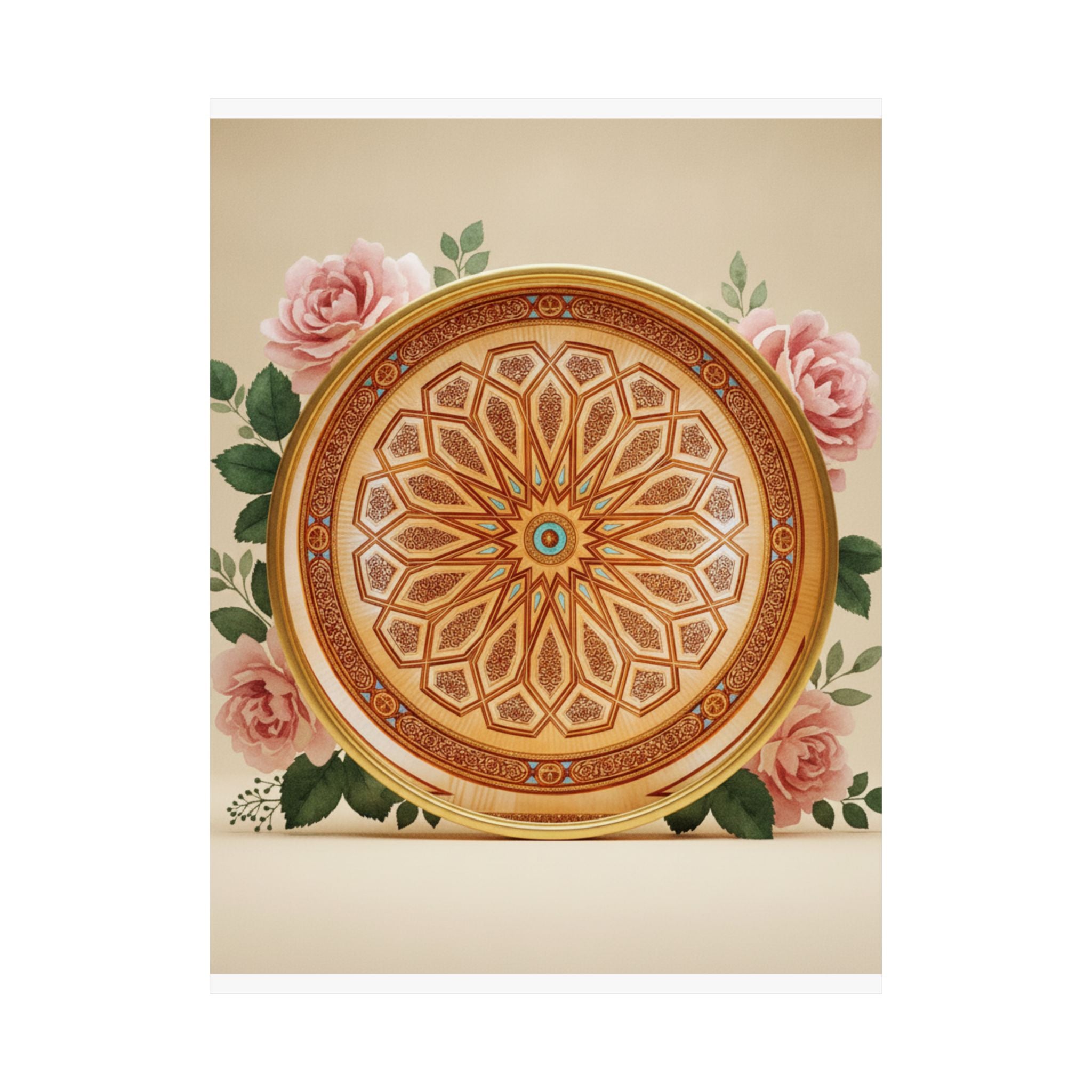 Gilded Moroccan Medallion and Pink Roses Art Poster