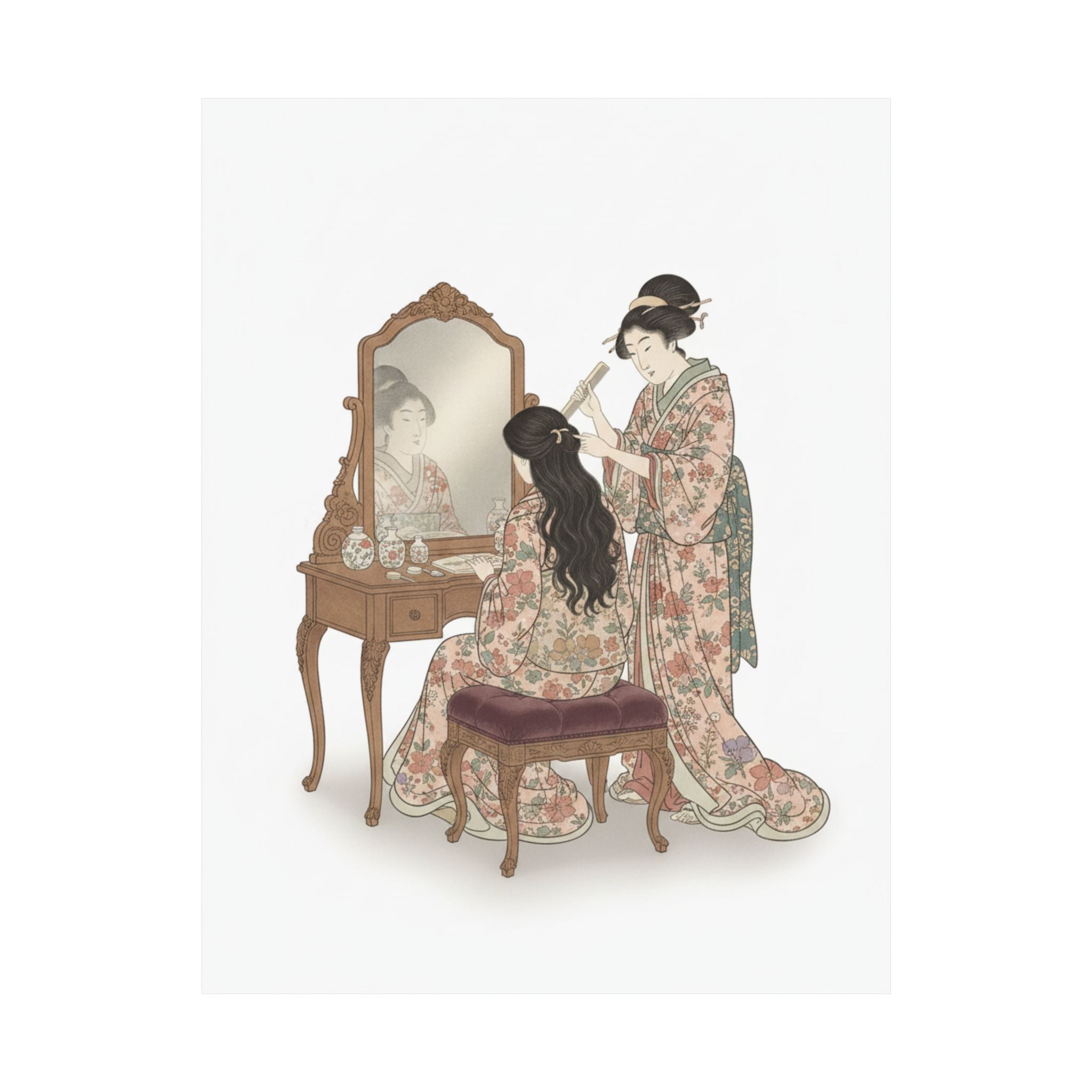 Ecommerce Main — A Woman At Her Toilet Seated Before A Mirror, Having Her Hair Combed By A Kameyu — Matte Poster