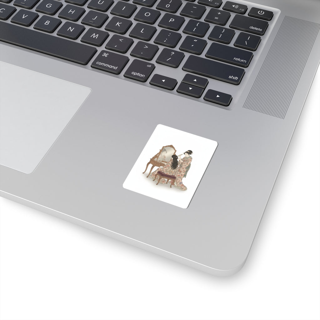 Ecommerce Main — A Woman At Her Toilet Seated Before A Mirror, Having Her Hair Combed By A Kameyu — Kiss-Cut Sticker