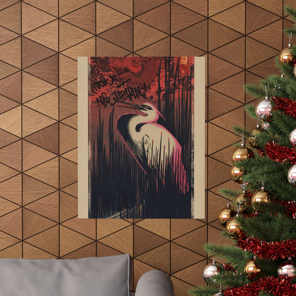 Japanese Street — White Heron Standing Among Reeds — Matte Poster