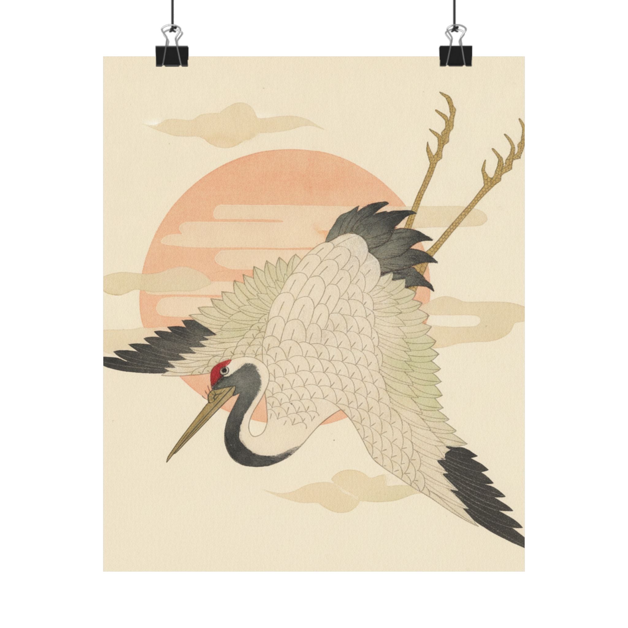 Botanical — White Crane Flying Across The Sun'S Disc — Matte Poster