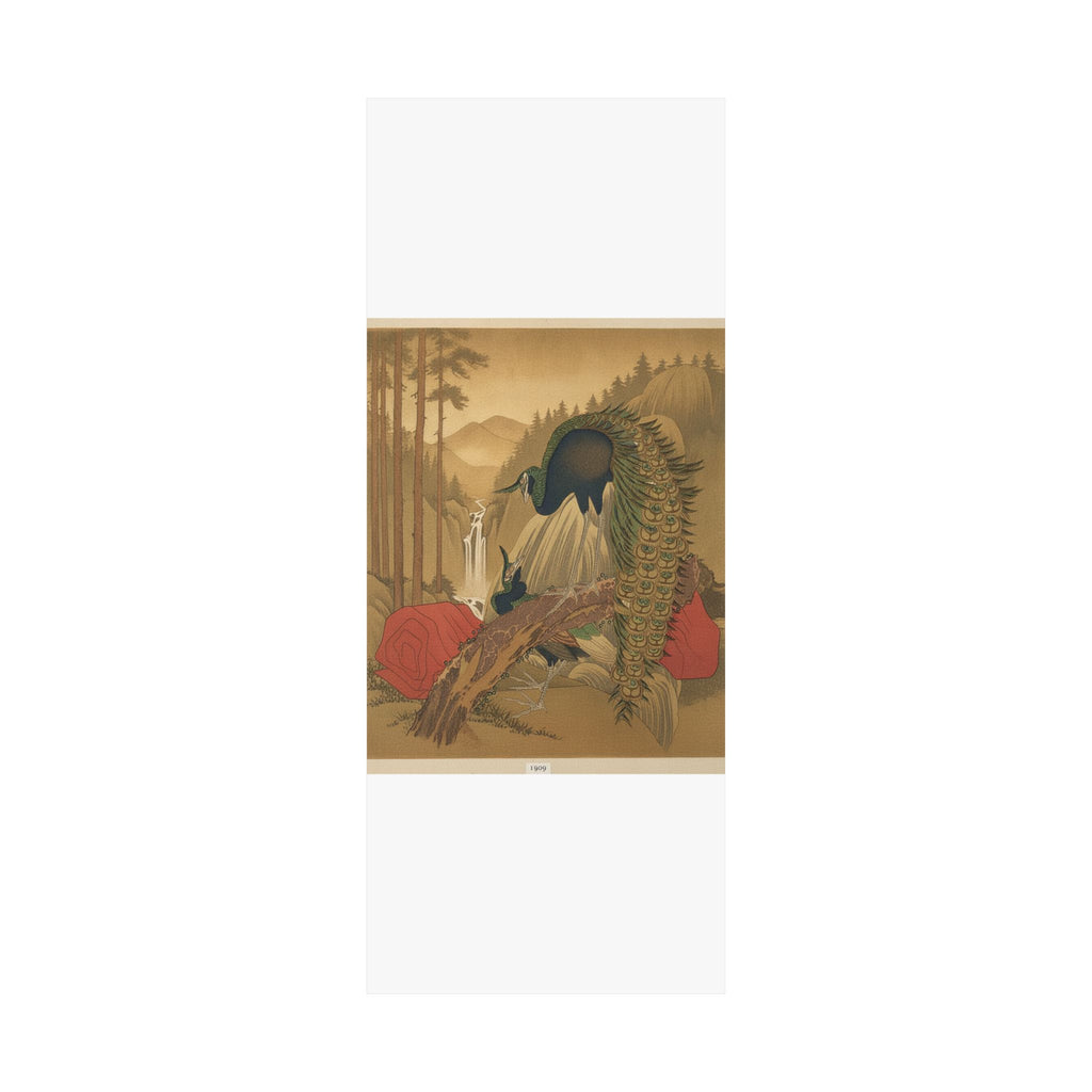 Scenic Nature — Painting Of Peacocks, Pines, A Waterfall, And A Roll Of Red Fabric — Matte Poster