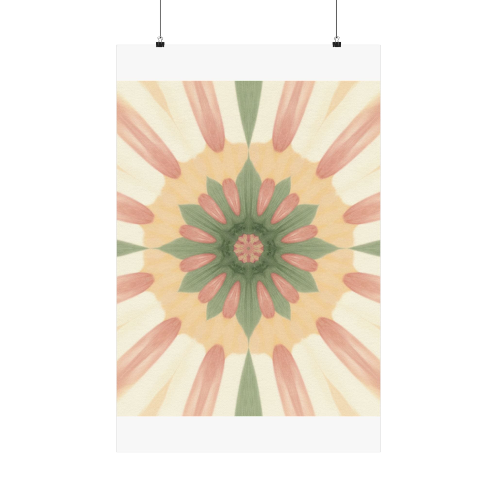 Peach and Sage Floral Kaleidoscope Mandala Poster