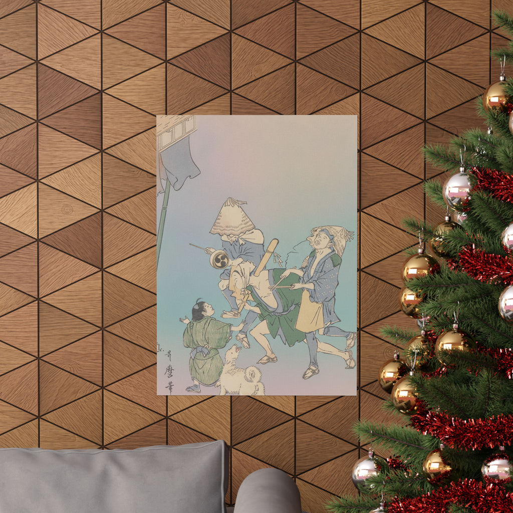 Affirmation — Three Revelers Of The Lower Classes, Wearing Komuso Hats, With Small Boy And Dog — Matte Poster