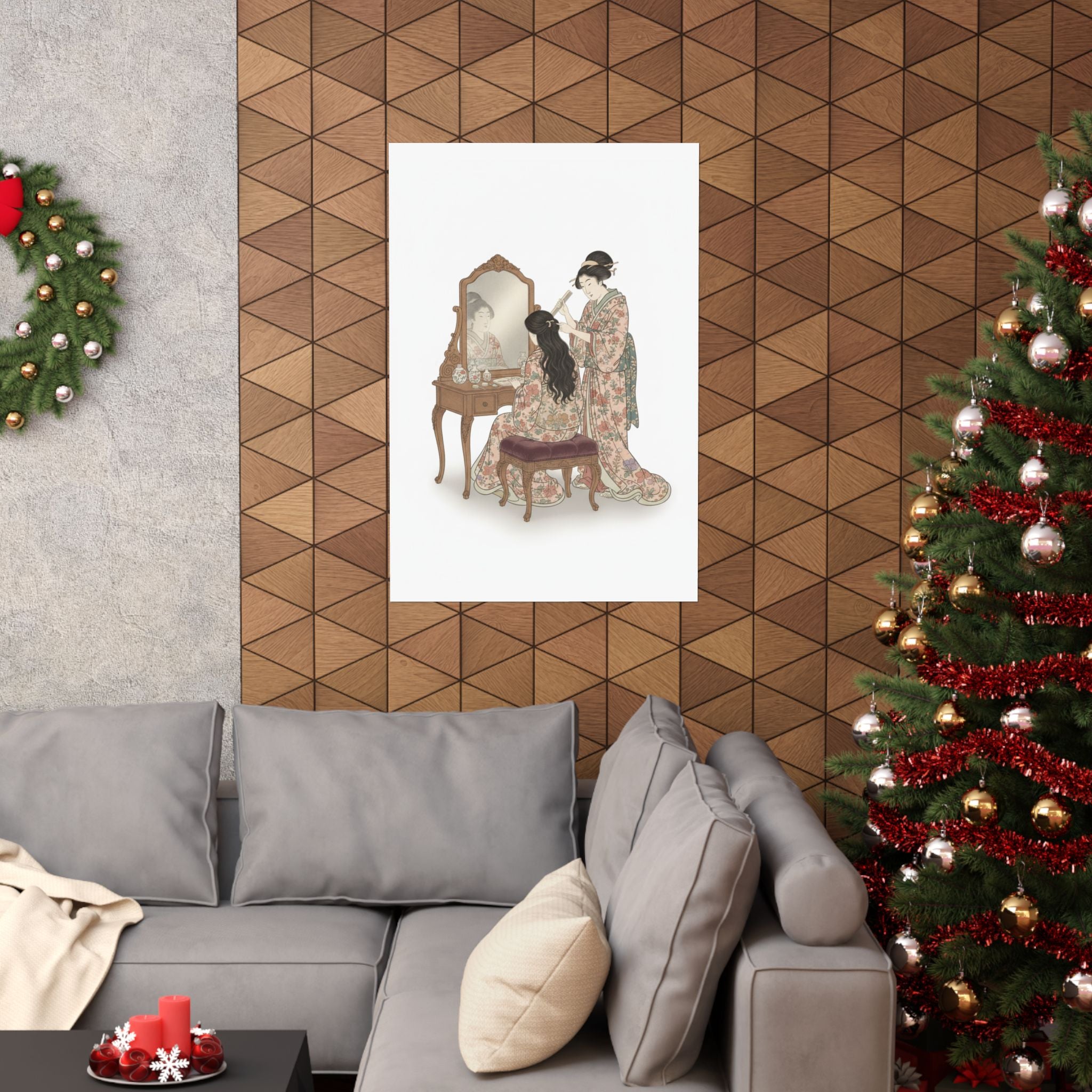 Ecommerce Main — A Woman At Her Toilet Seated Before A Mirror, Having Her Hair Combed By A Kameyu — Matte Poster