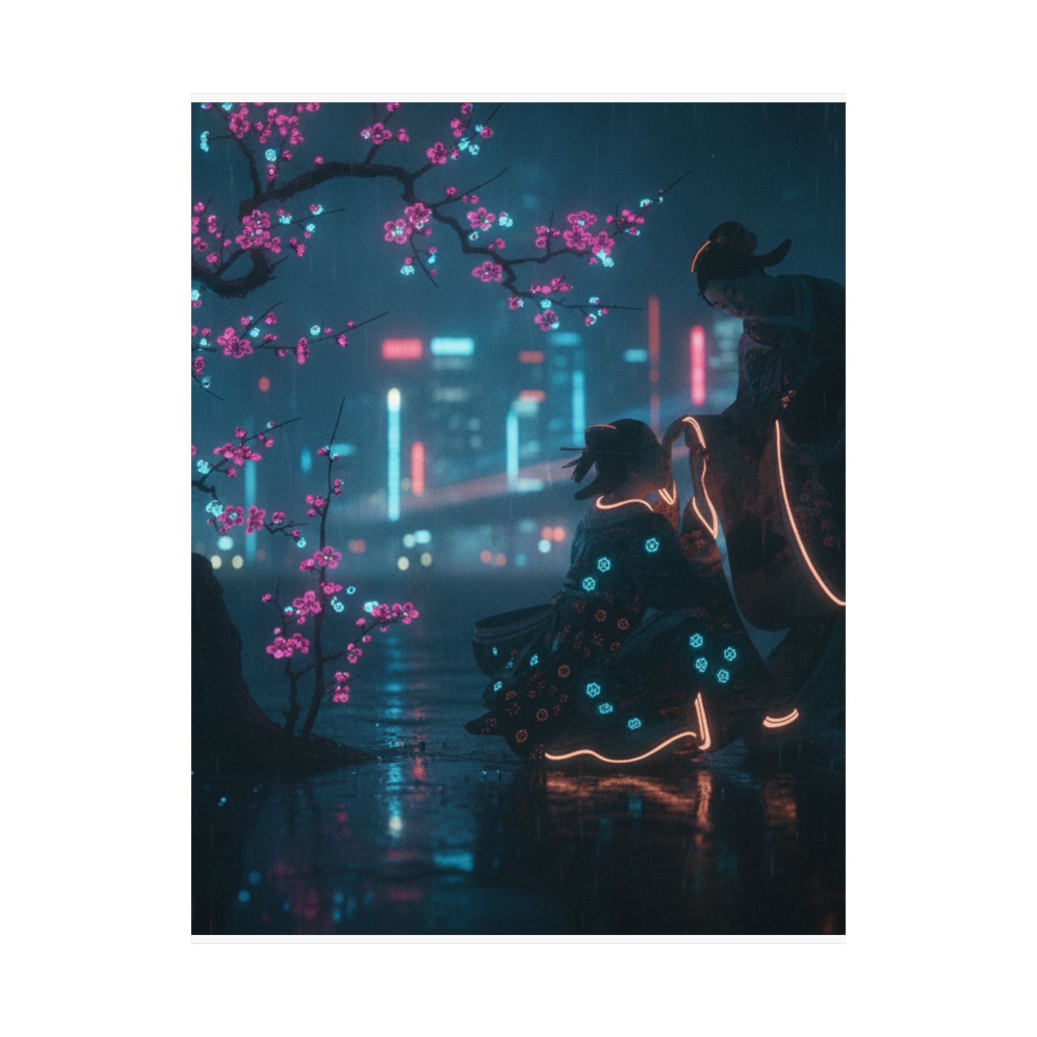 Neon Noir — Two Girls Under Plum Tree — Matte Poster
