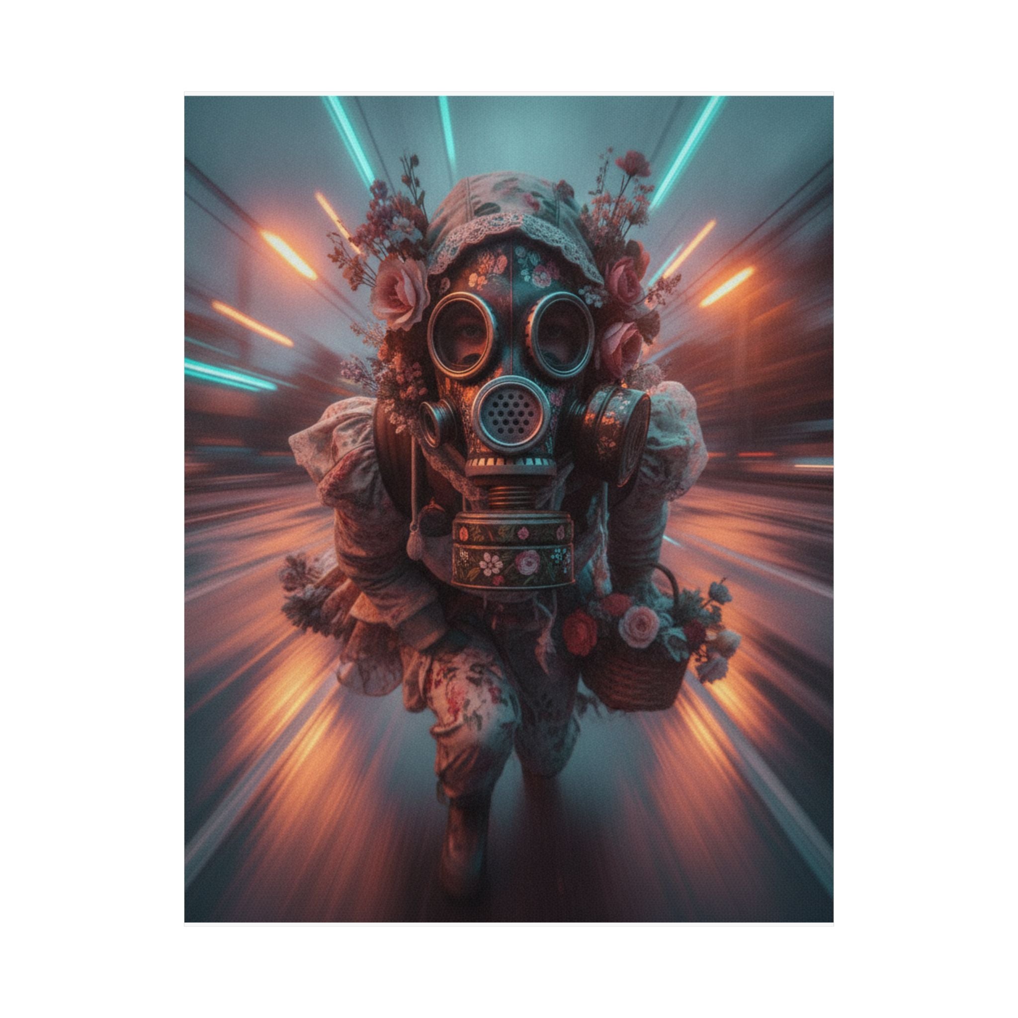 Neon Tunnel Rose Gas Mask Post-Apocalyptic Poster