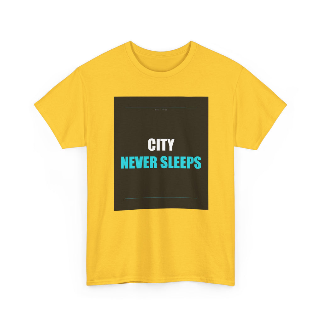 CITY NEVER SLEEPS Cyan Type on Charcoal Graphic Tee