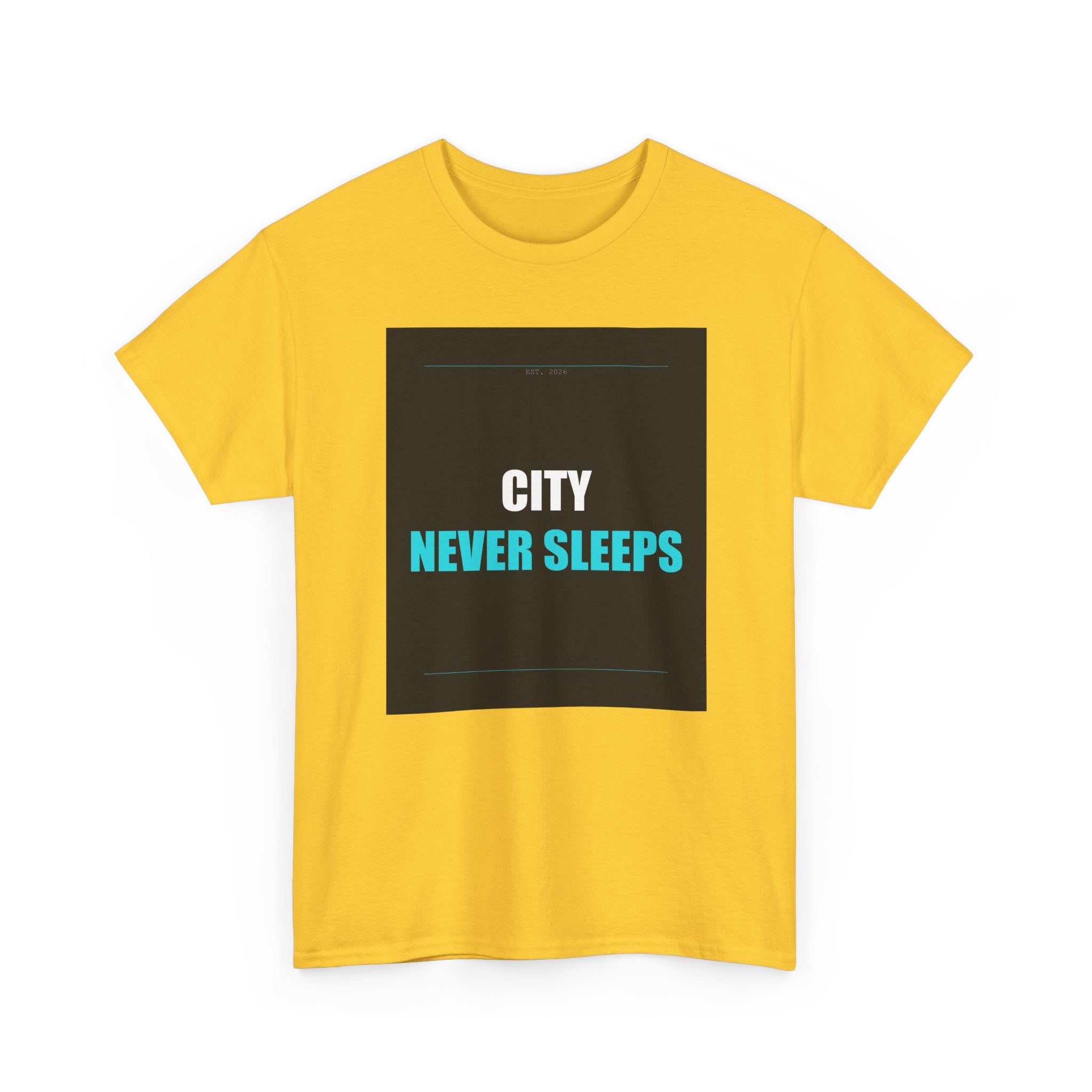 CITY NEVER SLEEPS Cyan Type on Charcoal Graphic Tee