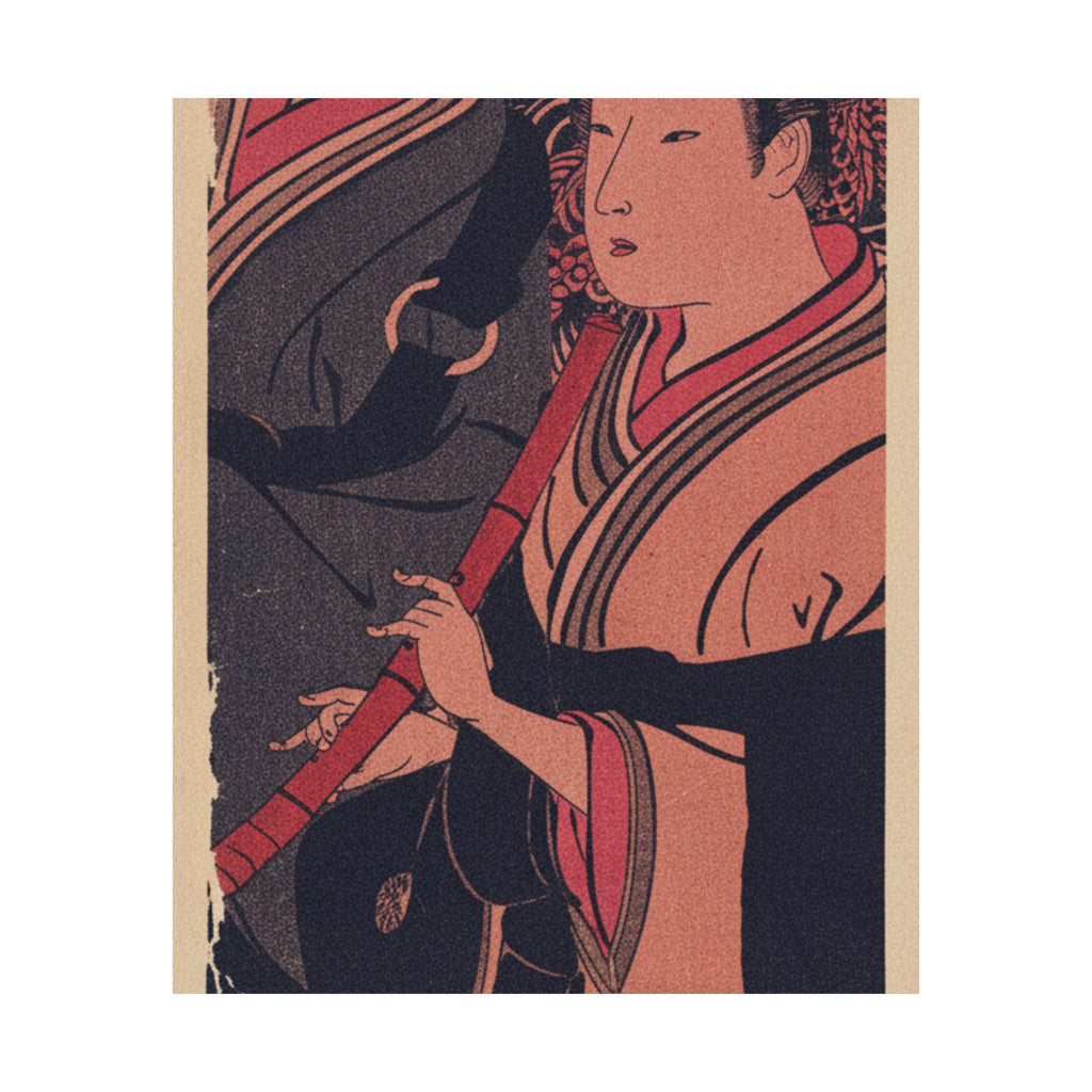 Japanese Street — Two Men, One Playing A Flute — Matte Poster