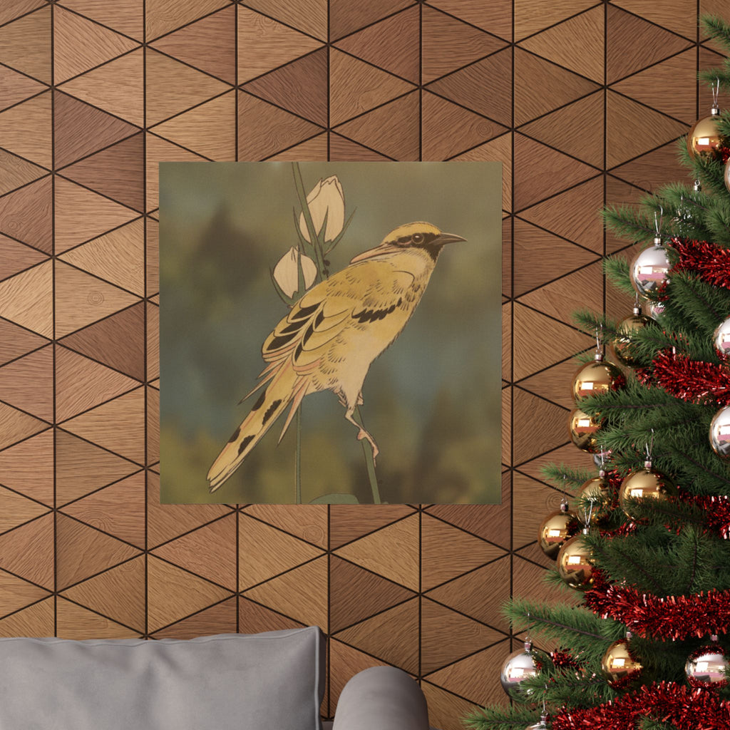 Scenic Nature — Black-Naped Oriole Perched On A Stem Of Rose Mallow — Matte Poster