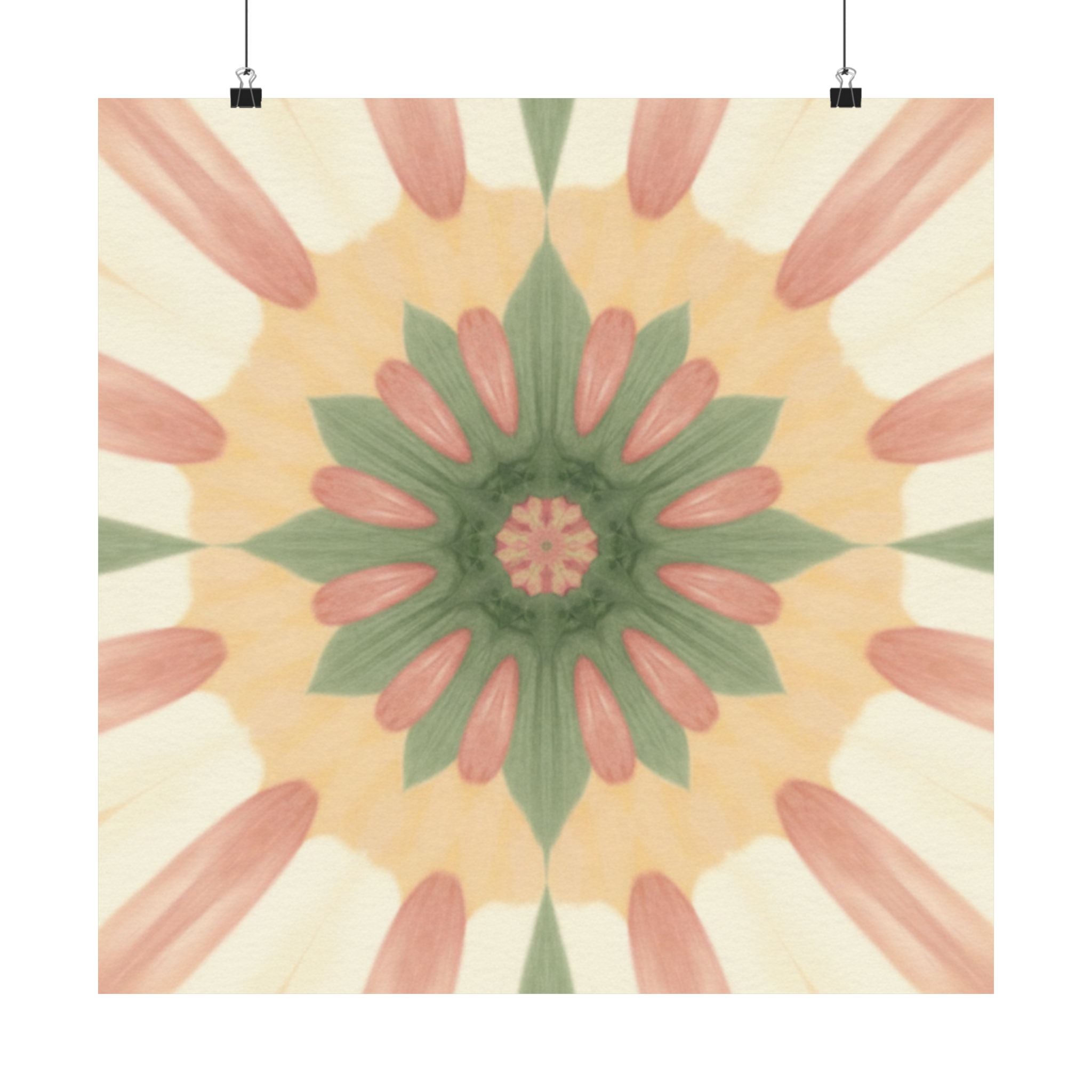 Peach and Sage Floral Kaleidoscope Mandala Poster