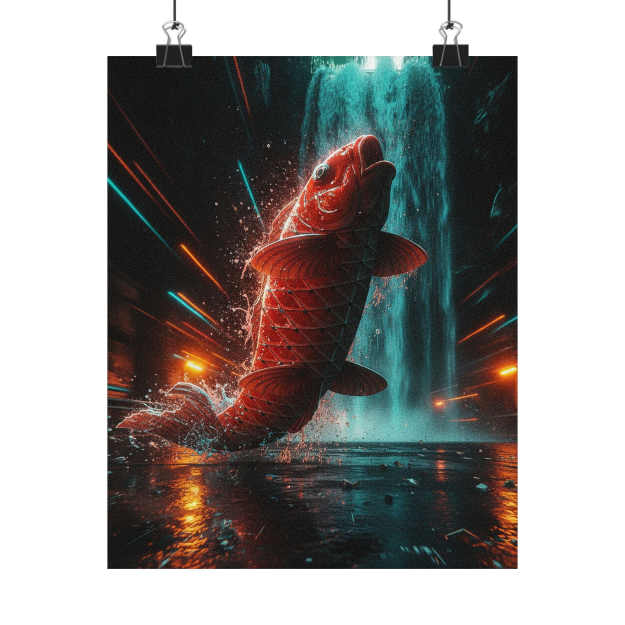 Fast Furious — Red Carp Ascending A Waterfall — Matte Poster