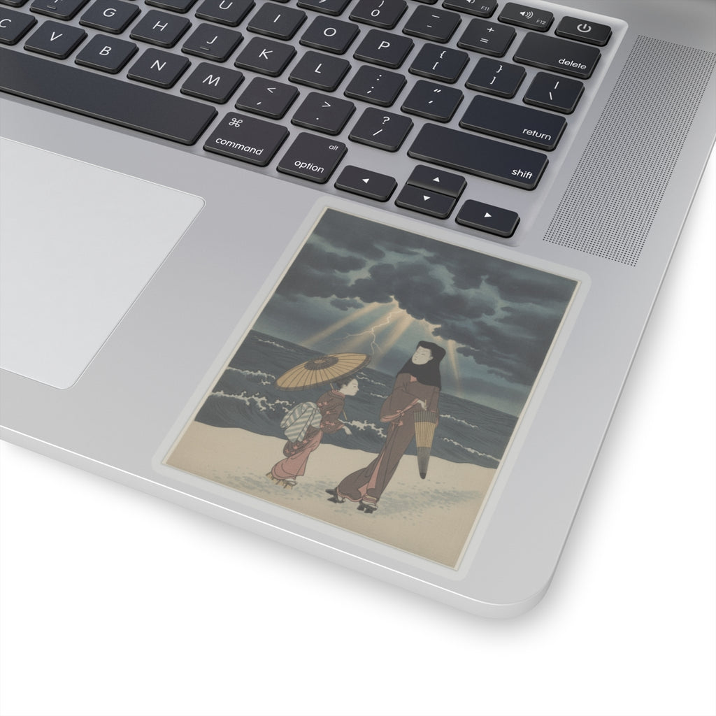 Dramatic Storm — Lady With Black Hood And Umbrella Out Walking With Young Attendant — Kiss-Cut Sticker