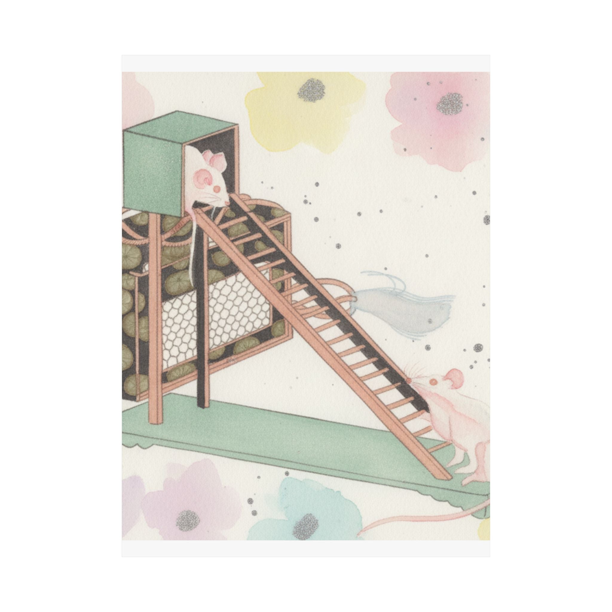 Watercolor — White Mice Playing — Matte Poster