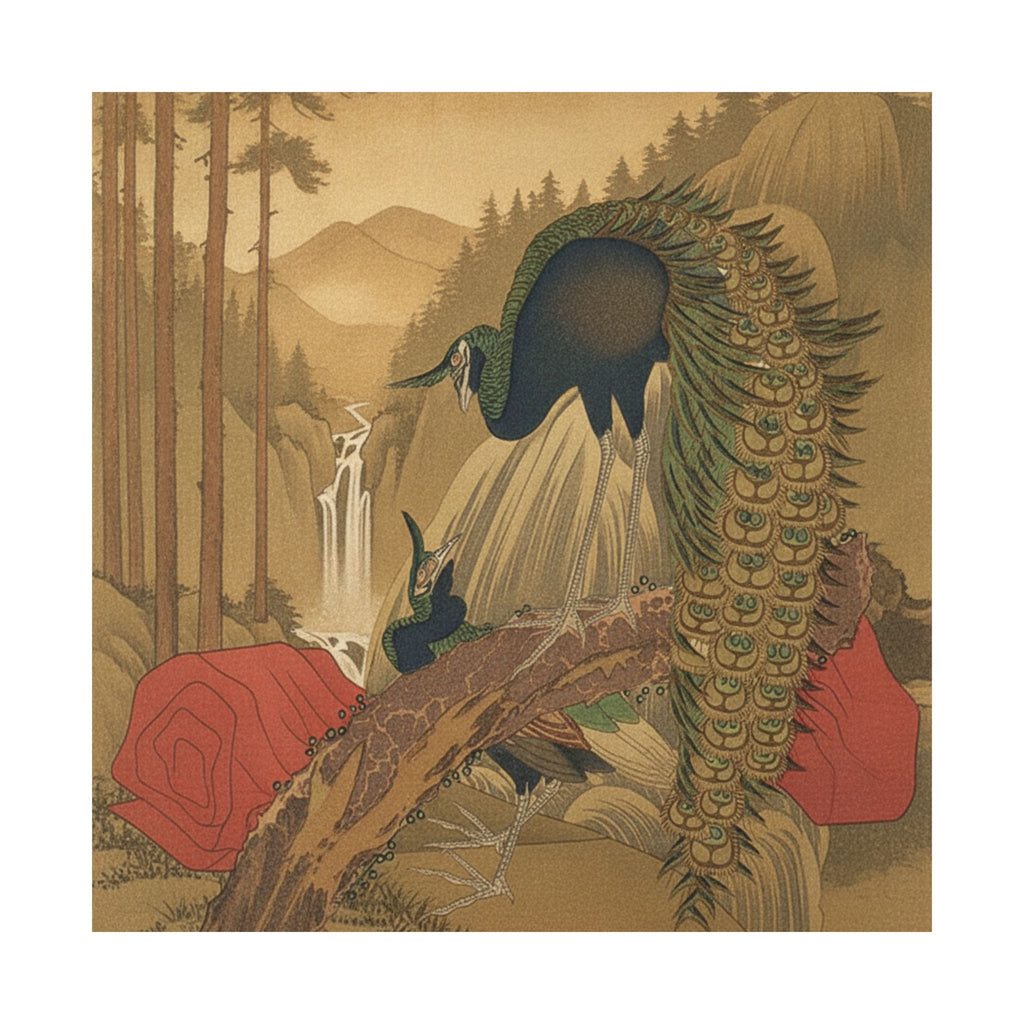 Scenic Nature — Painting Of Peacocks, Pines, A Waterfall, And A Roll Of Red Fabric — Matte Poster