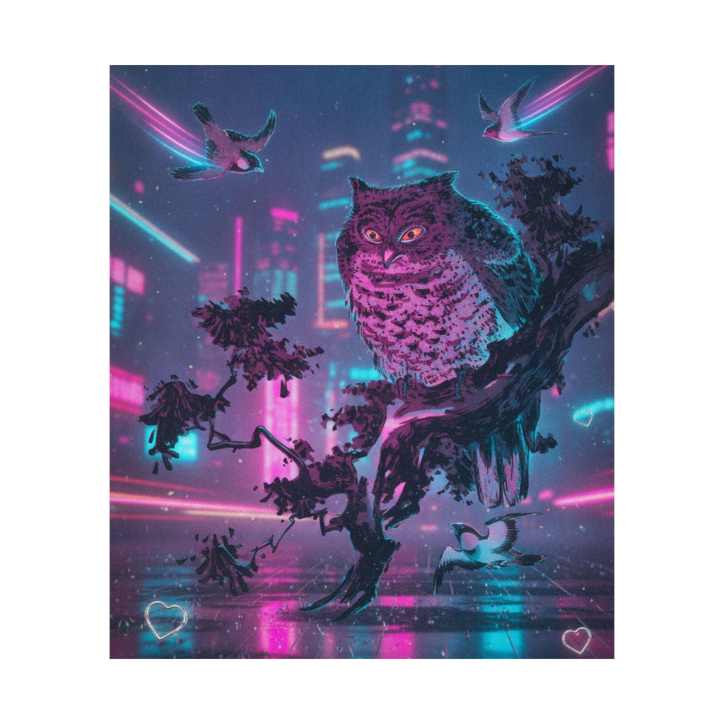 Neon Noir — Owl And Two Swallows — Matte Poster