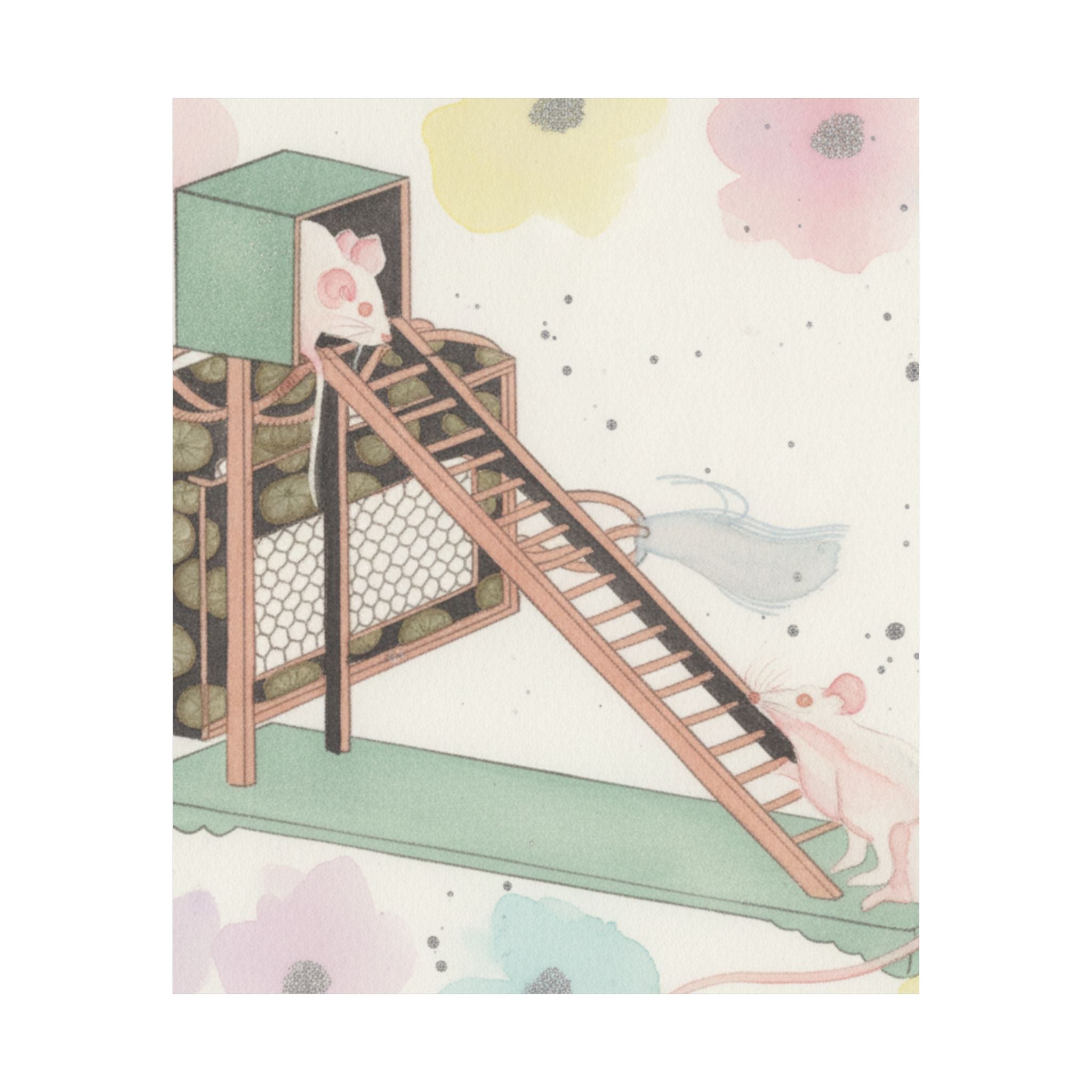 Watercolor — White Mice Playing — Matte Poster
