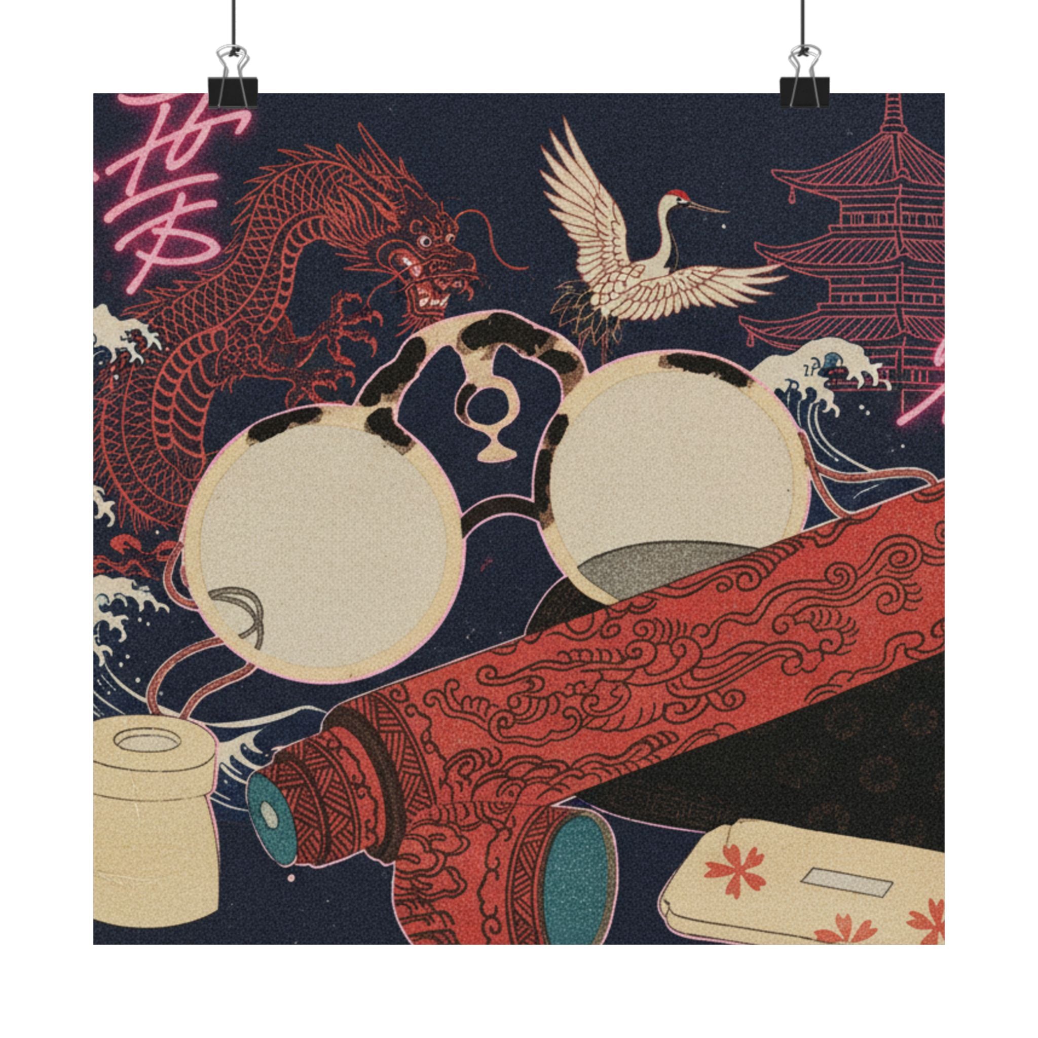 Japanese Street — Spectacles And Telescope With Cases — Matte Poster