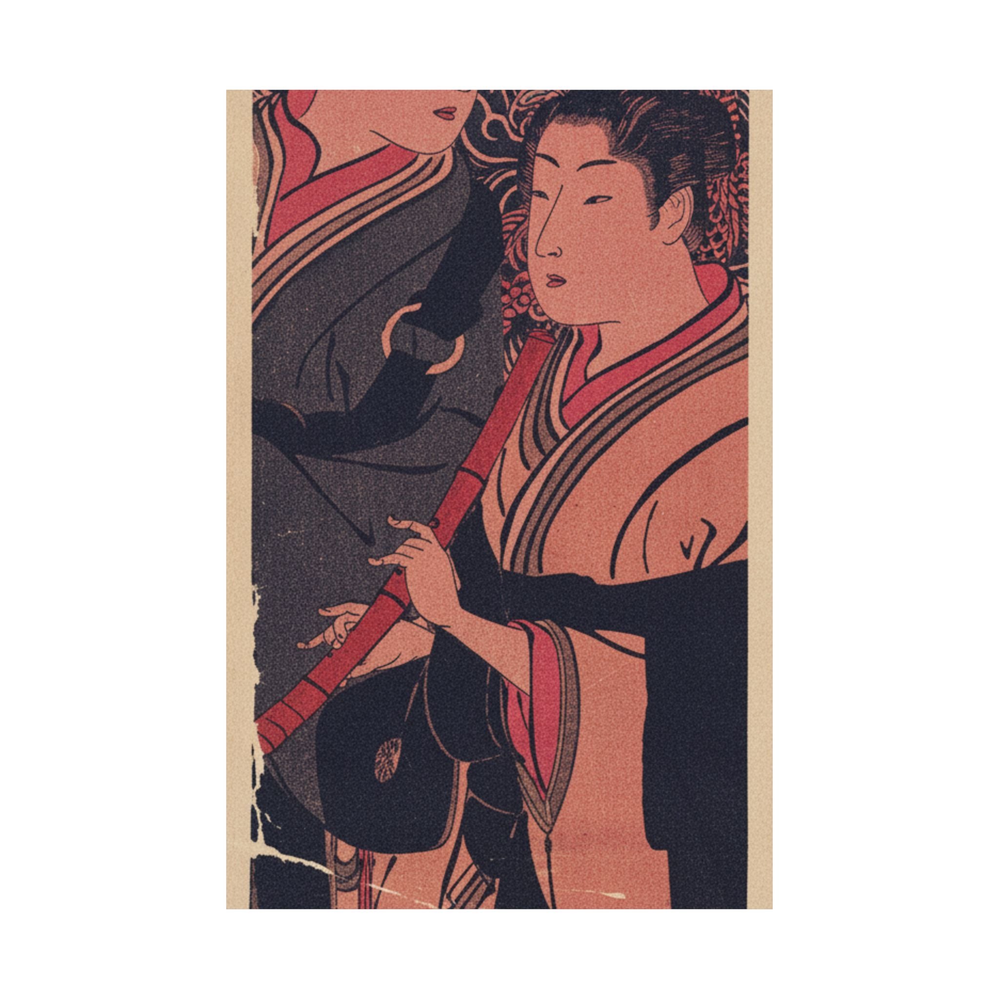 Japanese Street — Two Men, One Playing A Flute — Matte Poster