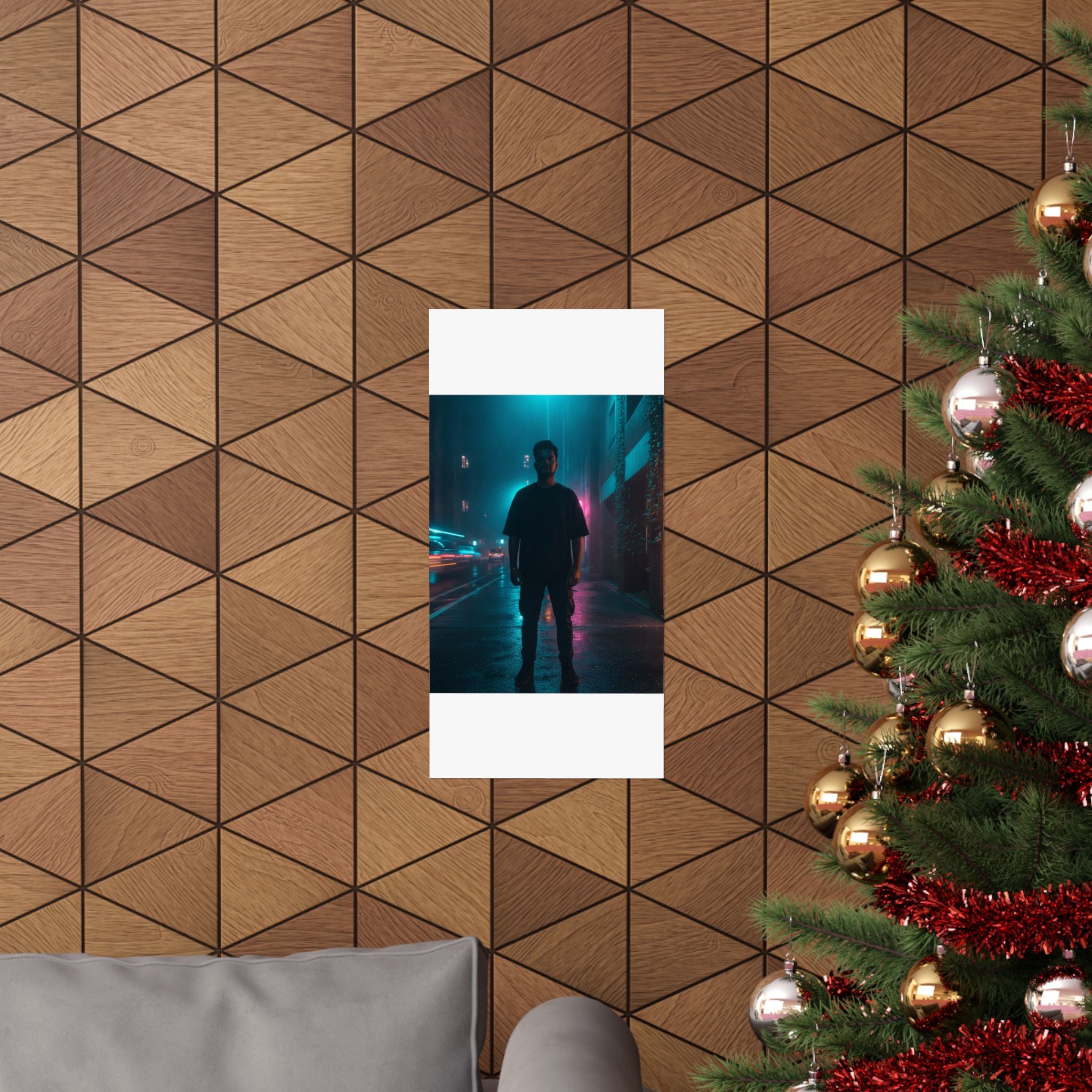 Rainy Neon City Street Silhouette Teal Pink Matte Poster