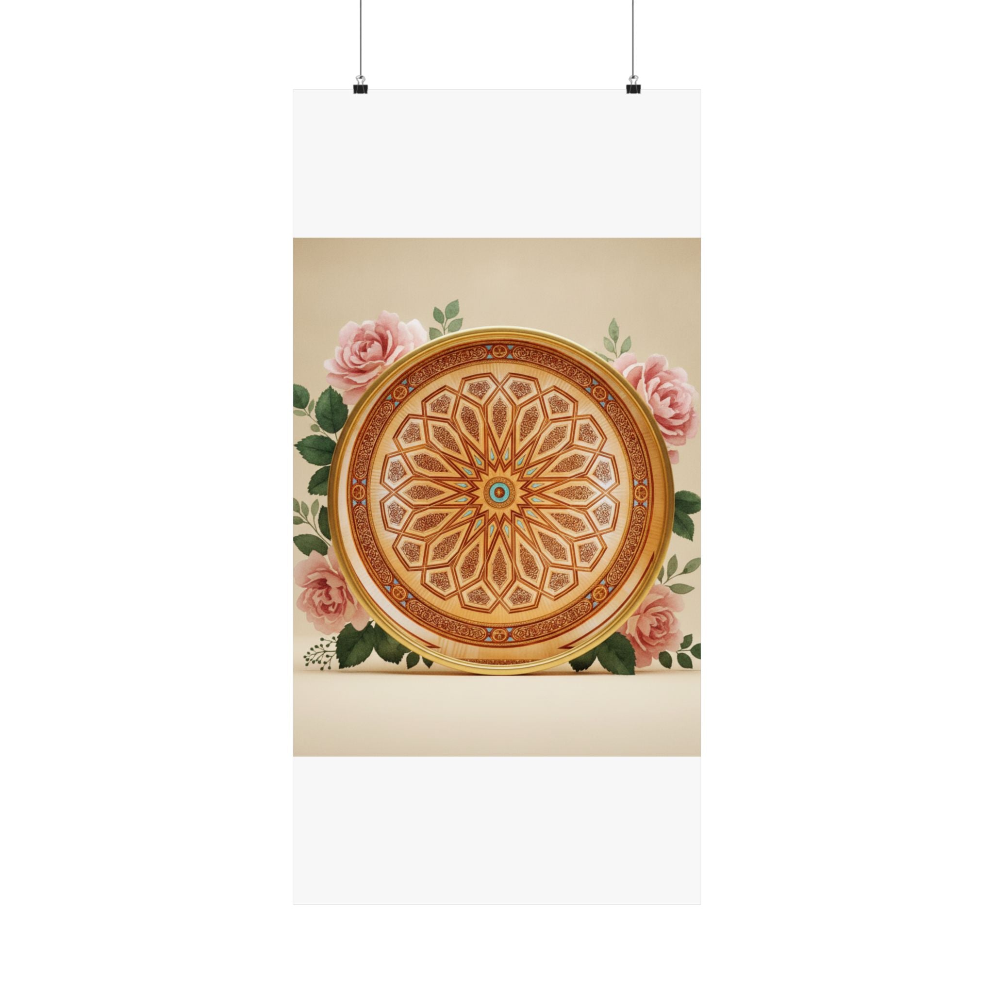 Gilded Moroccan Medallion and Pink Roses Art Poster