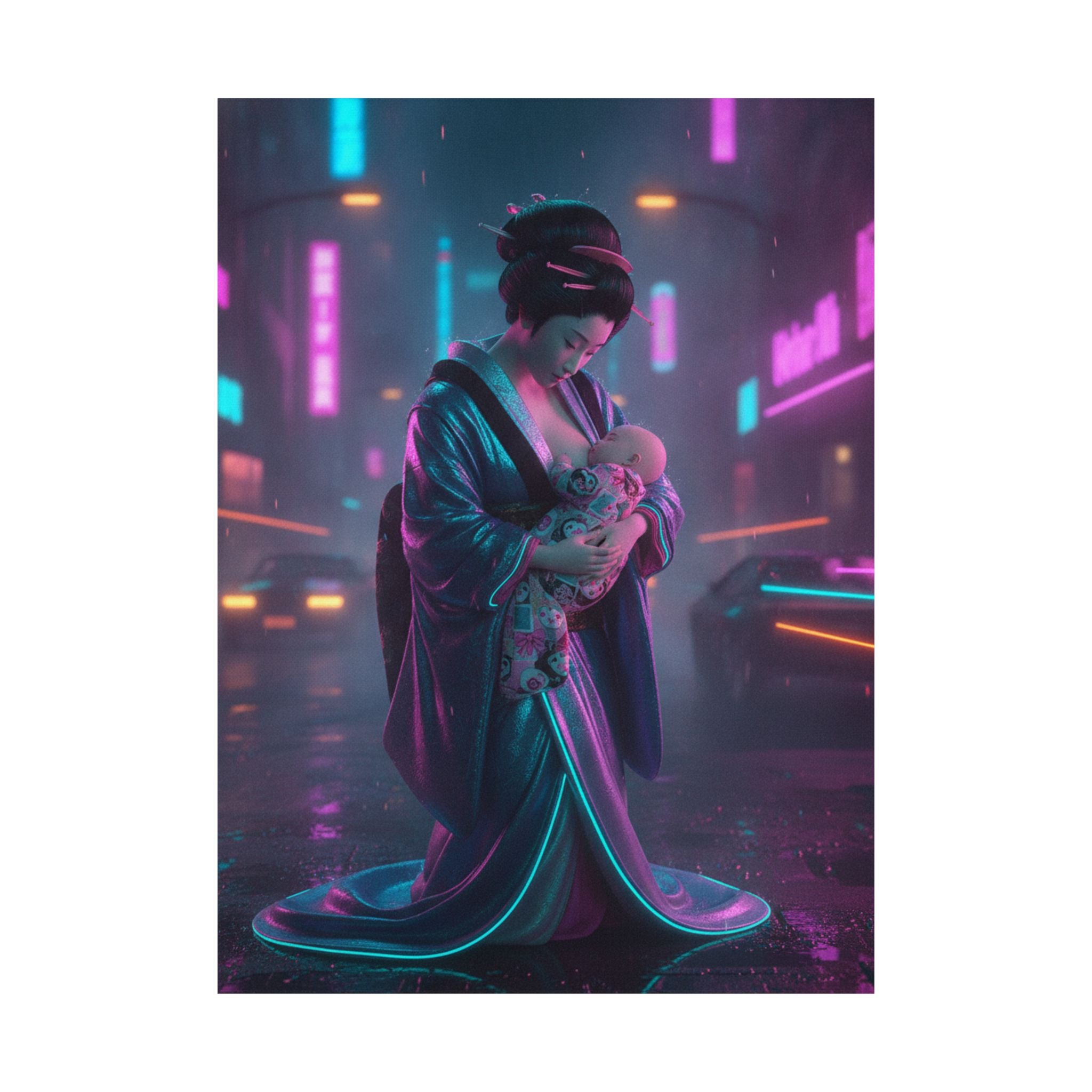 Neon Noir — Young Mother Nursing Her Baby — Matte Poster