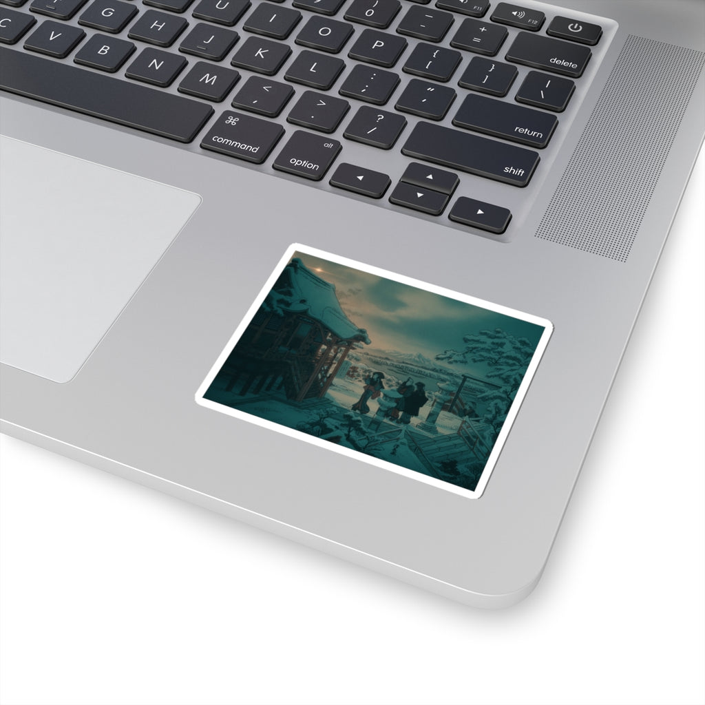 Cinematic — Snow Scene With Figures Outside A Temple — Kiss-Cut Sticker