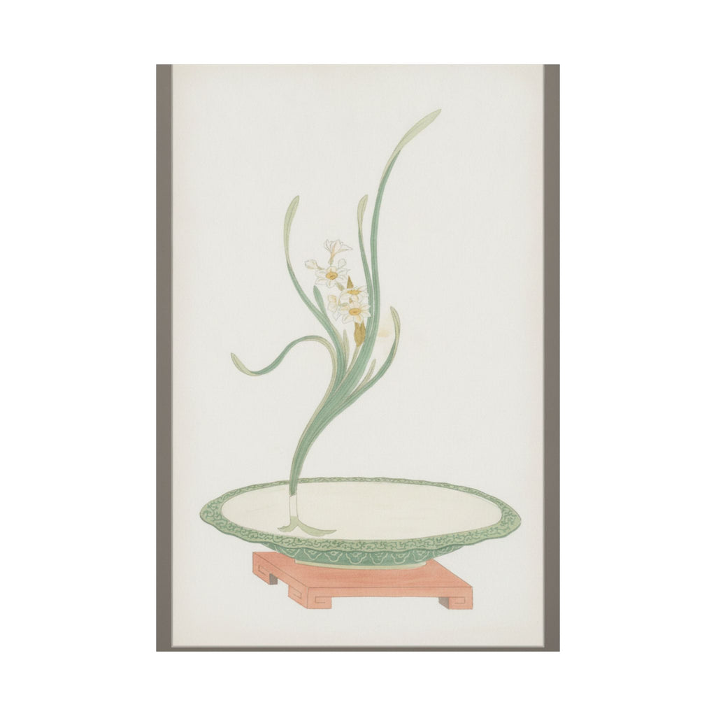 Watercolor — Flower Arrangement Of Suisen (Narcissus) In A Flat Green Dish — Matte Poster