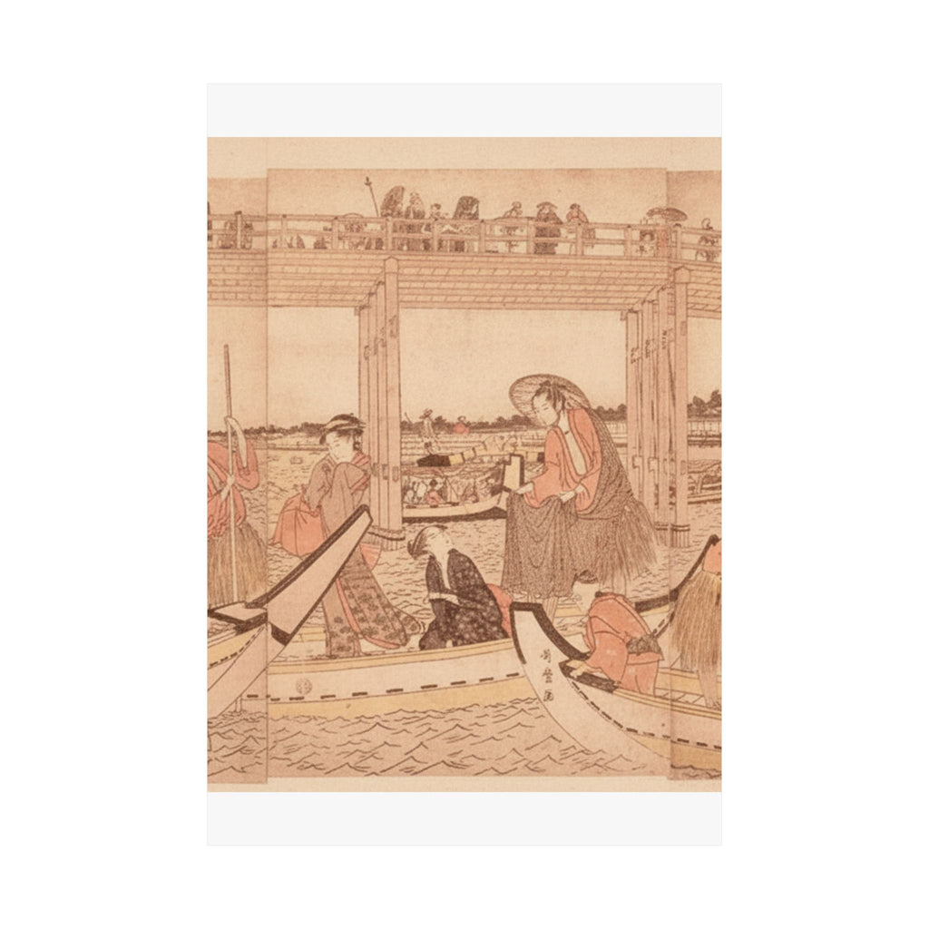 Southern Sunset — Fishing Boats With Nets Under Ryōgoku Bridge — Matte Poster