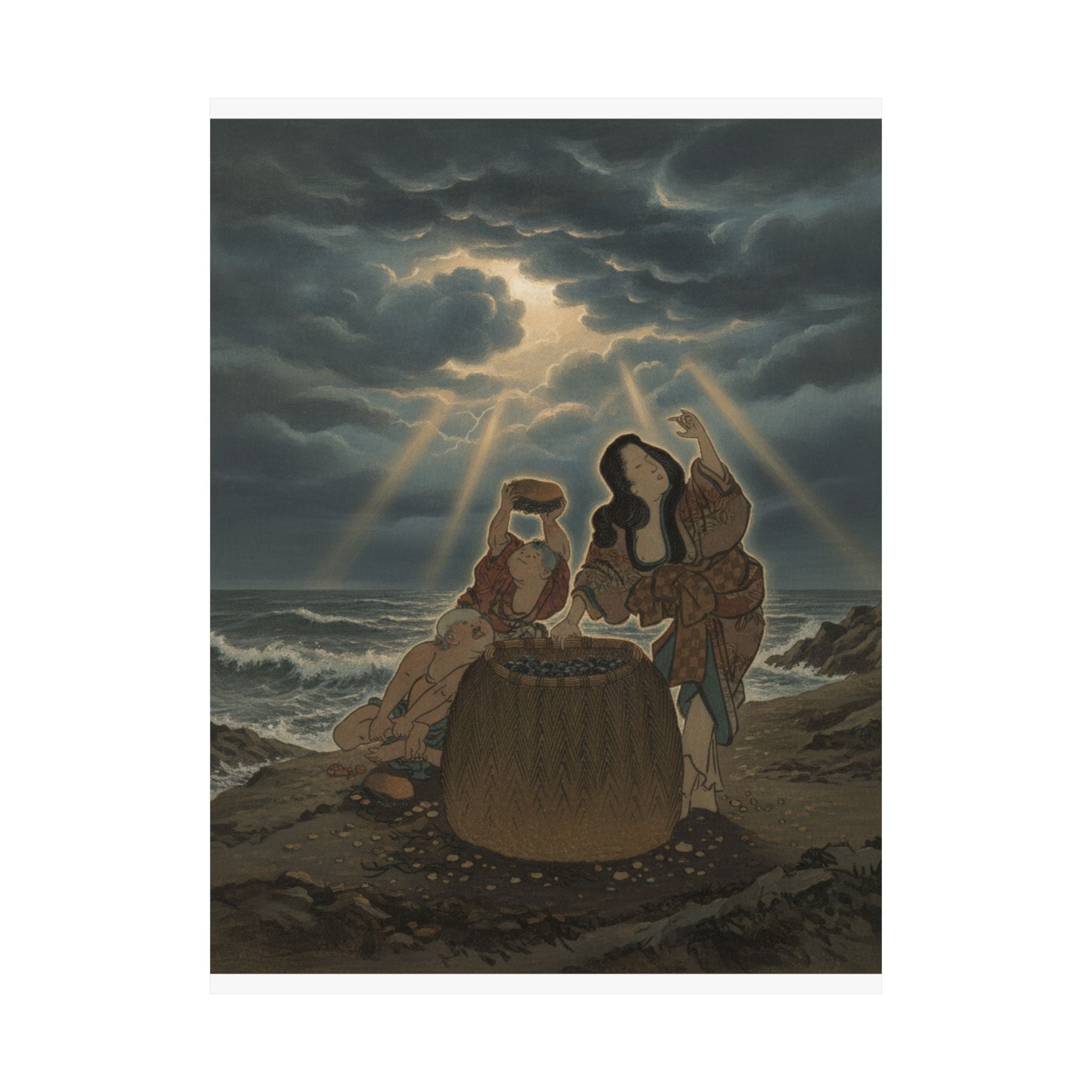 Dramatic Storm — Fisherwoman With A Basket And Two Boys — Matte Poster