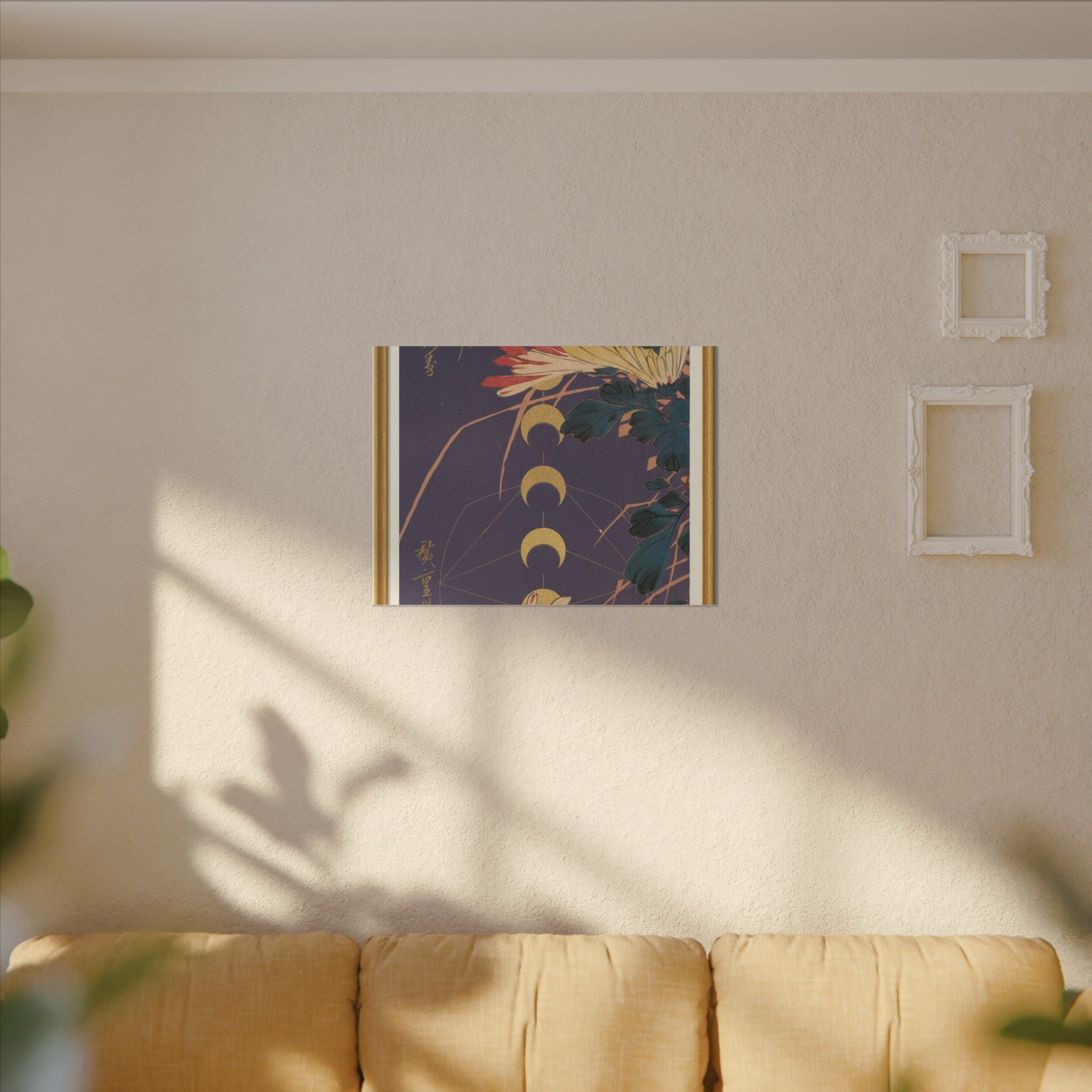 Chrysanthemum and Gold Moon Phases Woodblock Matte Canvas