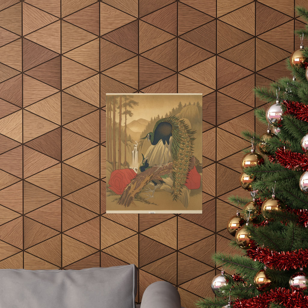 Scenic Nature — Painting Of Peacocks, Pines, A Waterfall, And A Roll Of Red Fabric — Matte Poster