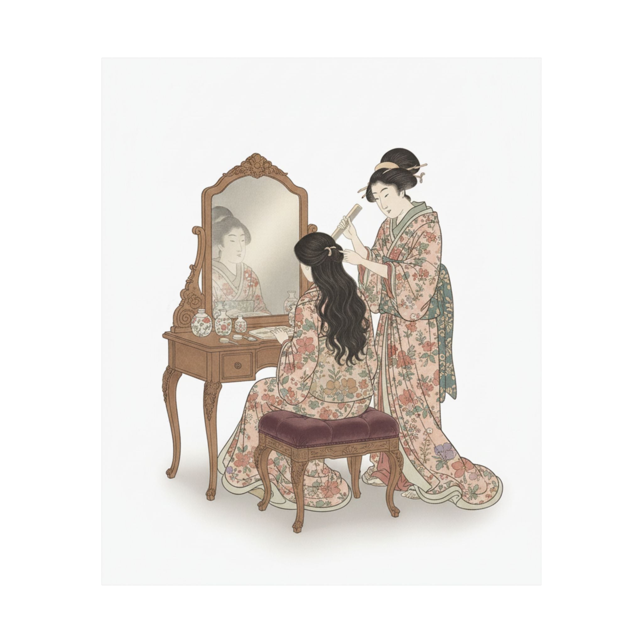 Ecommerce Main — A Woman At Her Toilet Seated Before A Mirror, Having Her Hair Combed By A Kameyu — Matte Poster