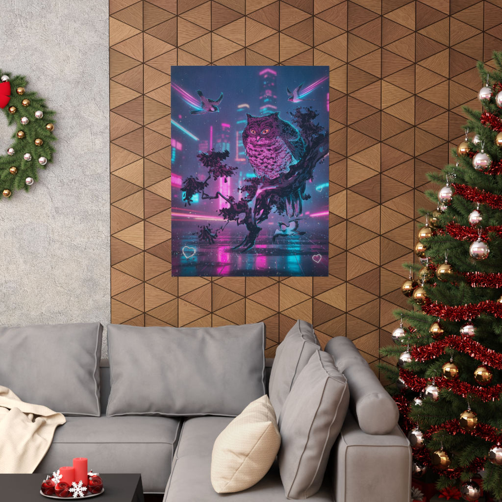 Neon Noir — Owl And Two Swallows — Matte Poster