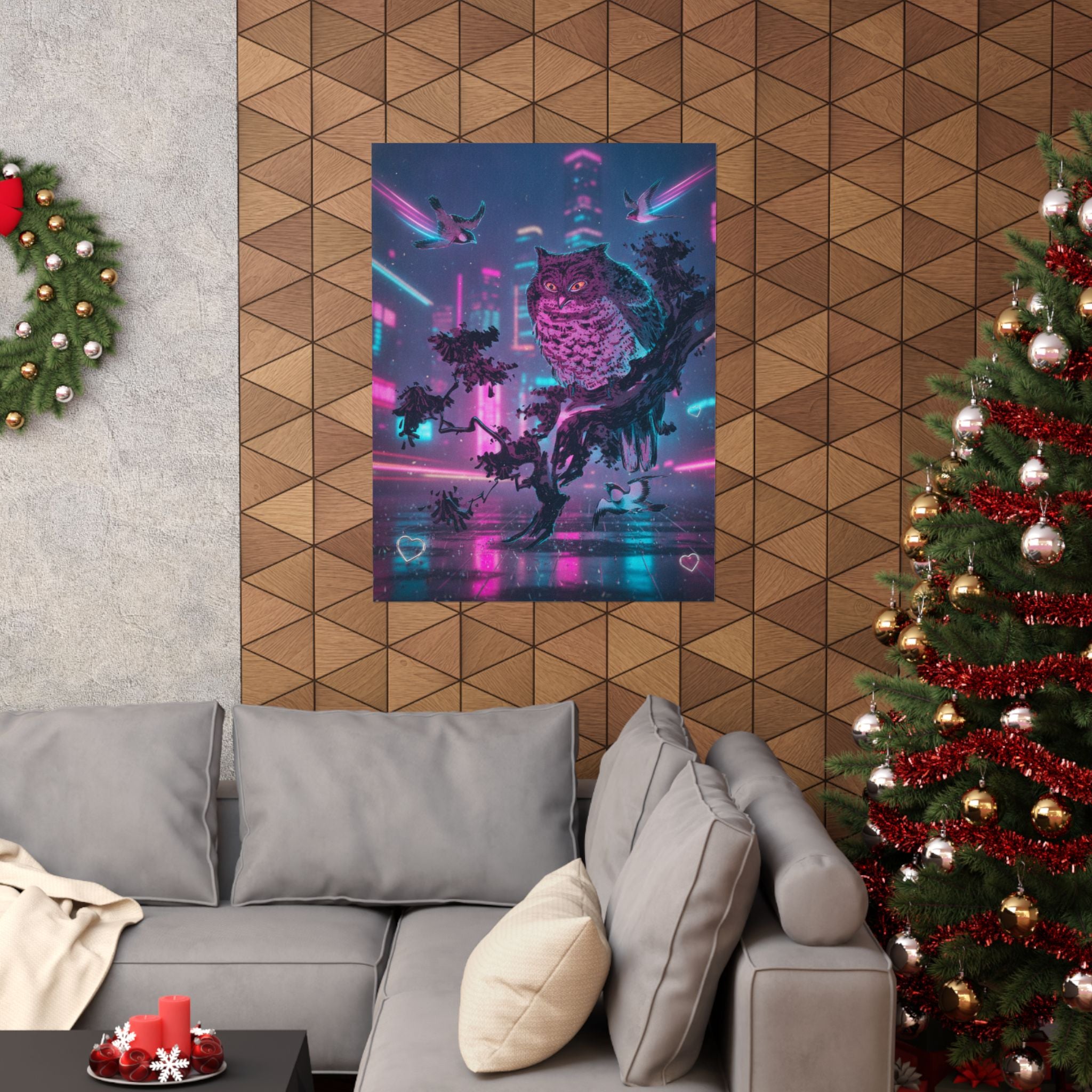 Neon Noir — Owl And Two Swallows — Matte Poster