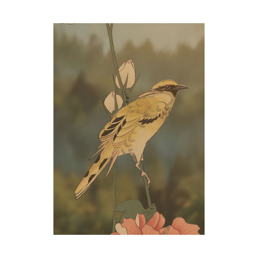 Scenic Nature — Black-Naped Oriole Perched On A Stem Of Rose Mallow — Matte Poster