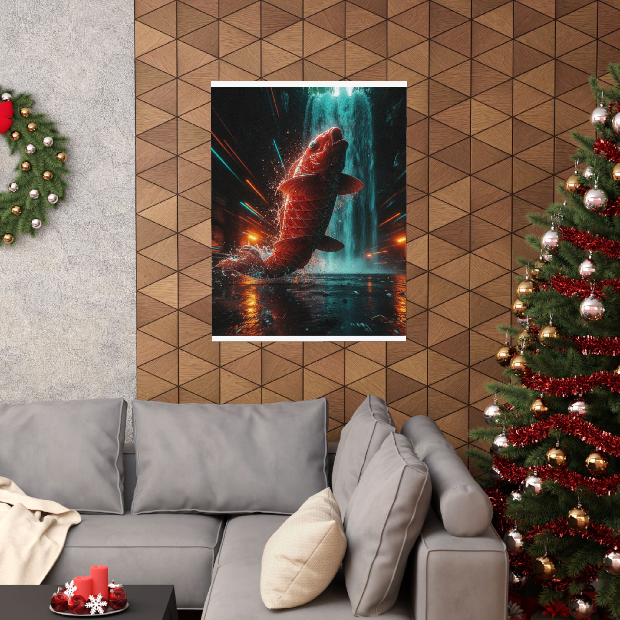 Fast Furious — Red Carp Ascending A Waterfall — Matte Poster