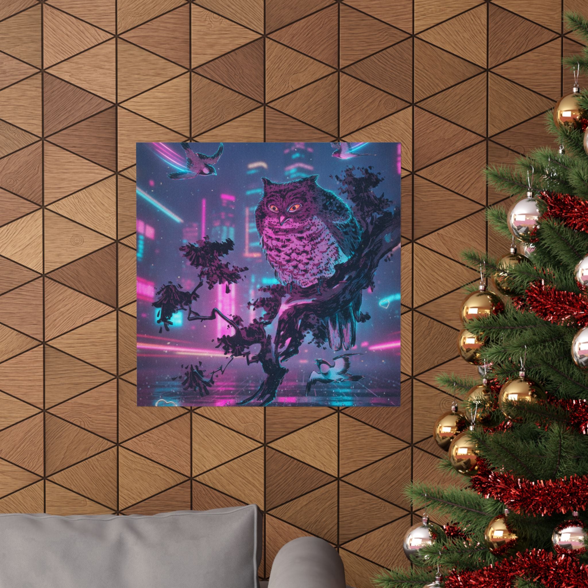 Neon Noir — Owl And Two Swallows — Matte Poster