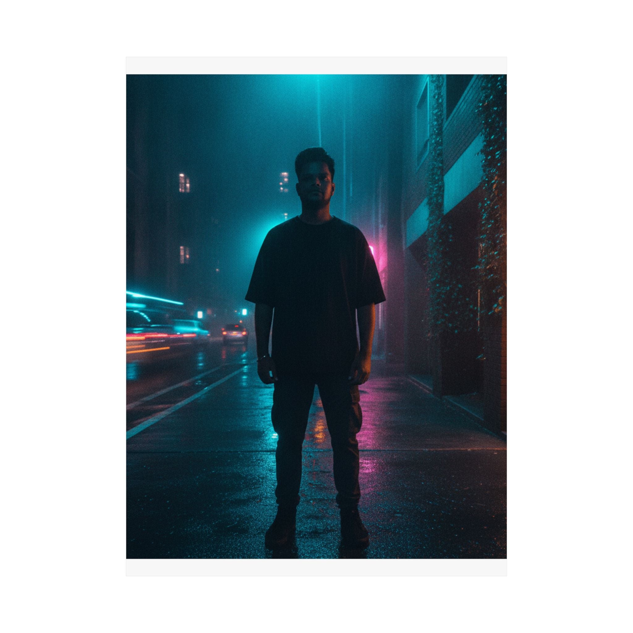 Rainy Neon City Street Silhouette Teal Pink Matte Poster