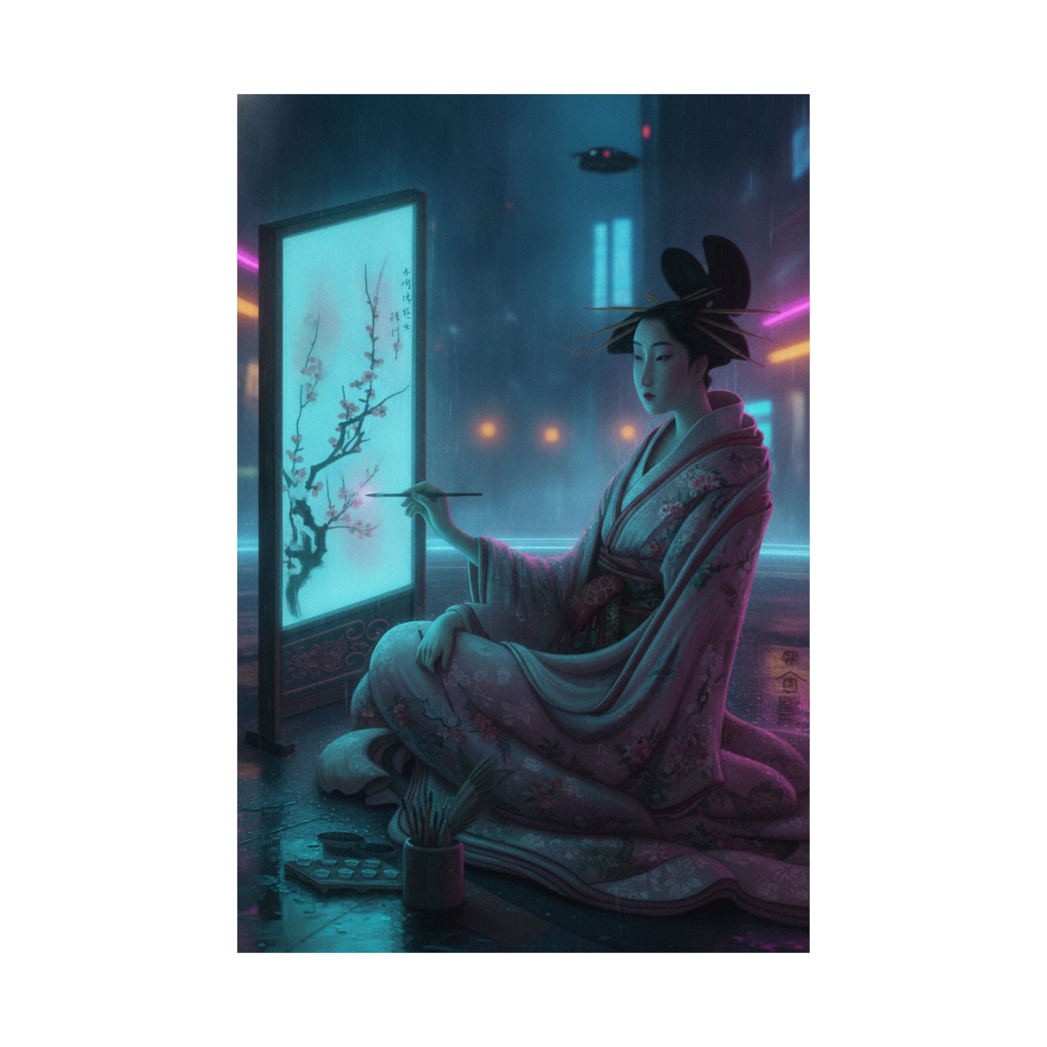 Neon Noir — Young Woman Painting A Screen — Matte Poster