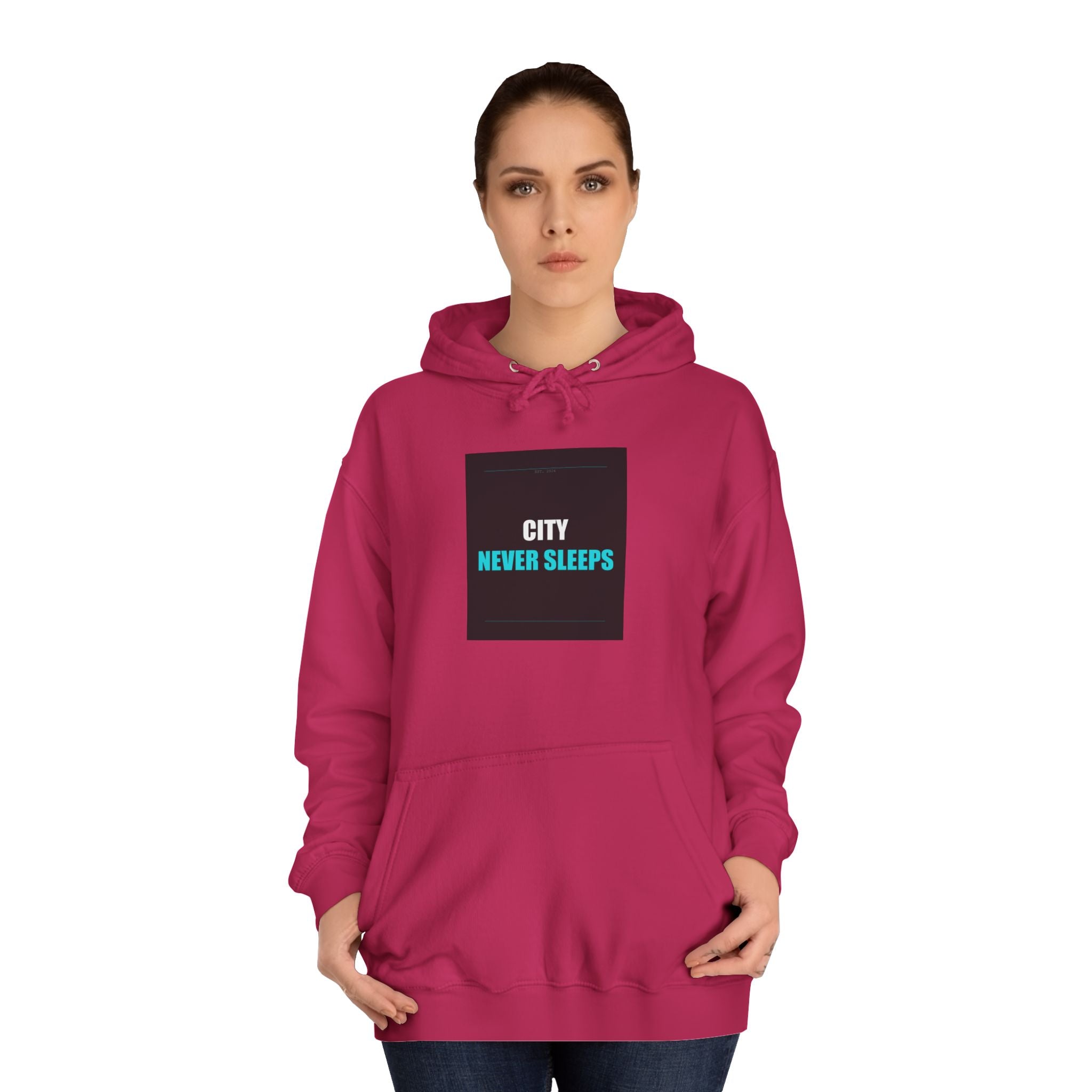 CITY NEVER SLEEPS Cyan Slogan Print Pullover Hoodie