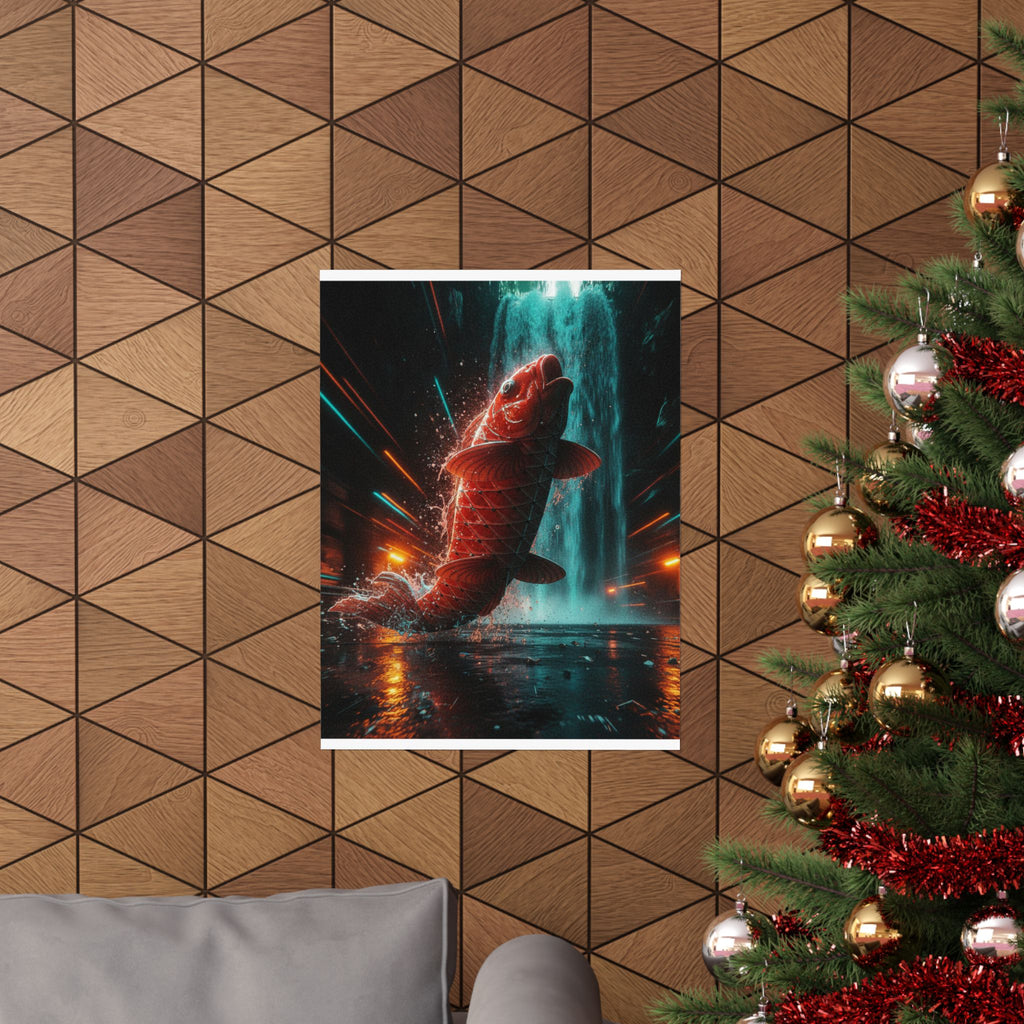 Fast Furious — Red Carp Ascending A Waterfall — Matte Poster