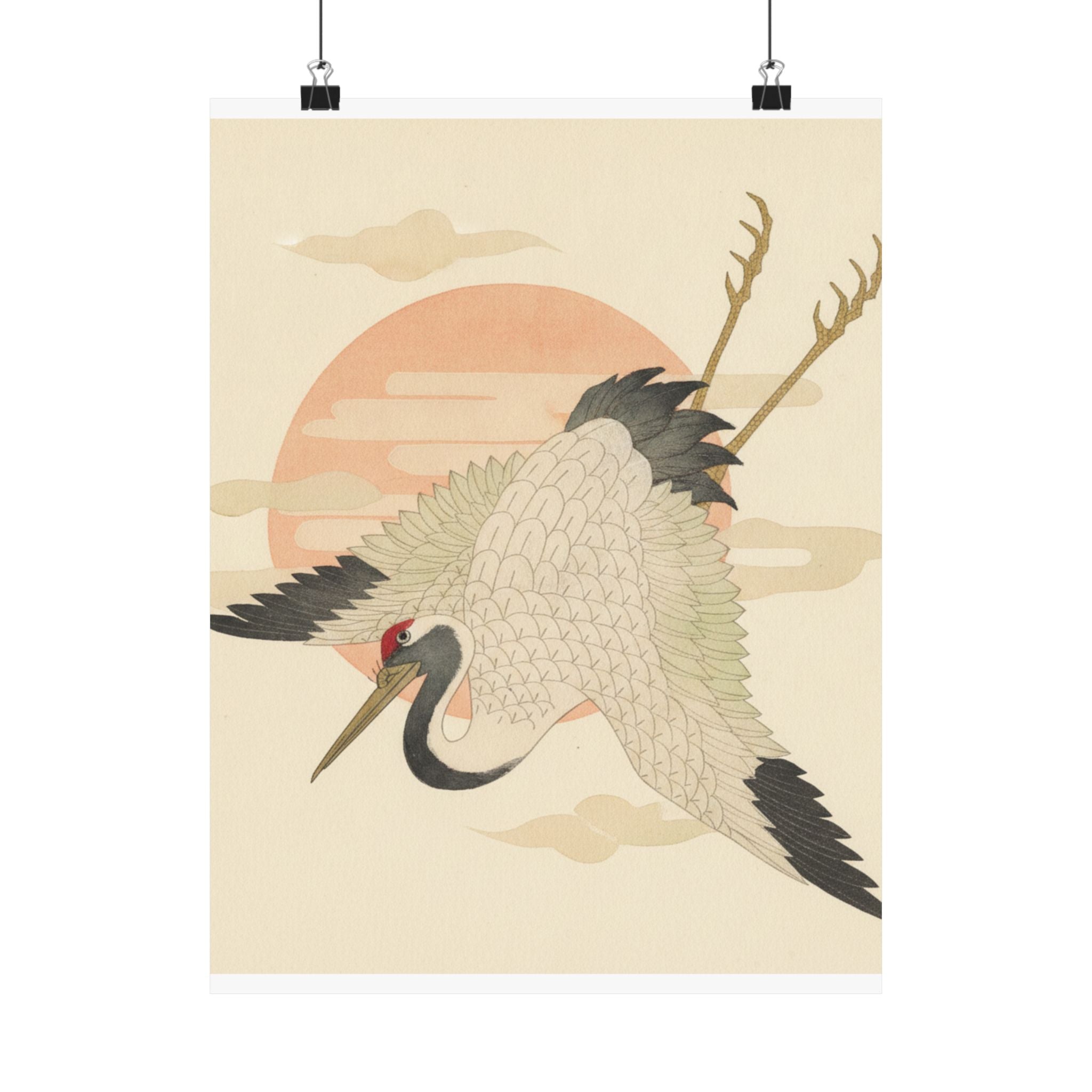 Botanical — White Crane Flying Across The Sun'S Disc — Matte Poster