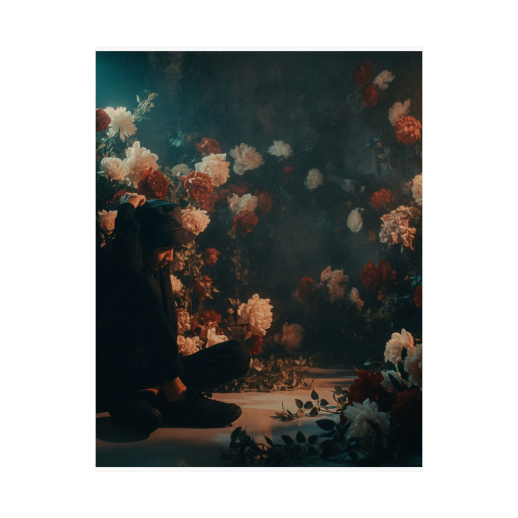 Kneeling Figure in Dark Rose Garden Moody Poster