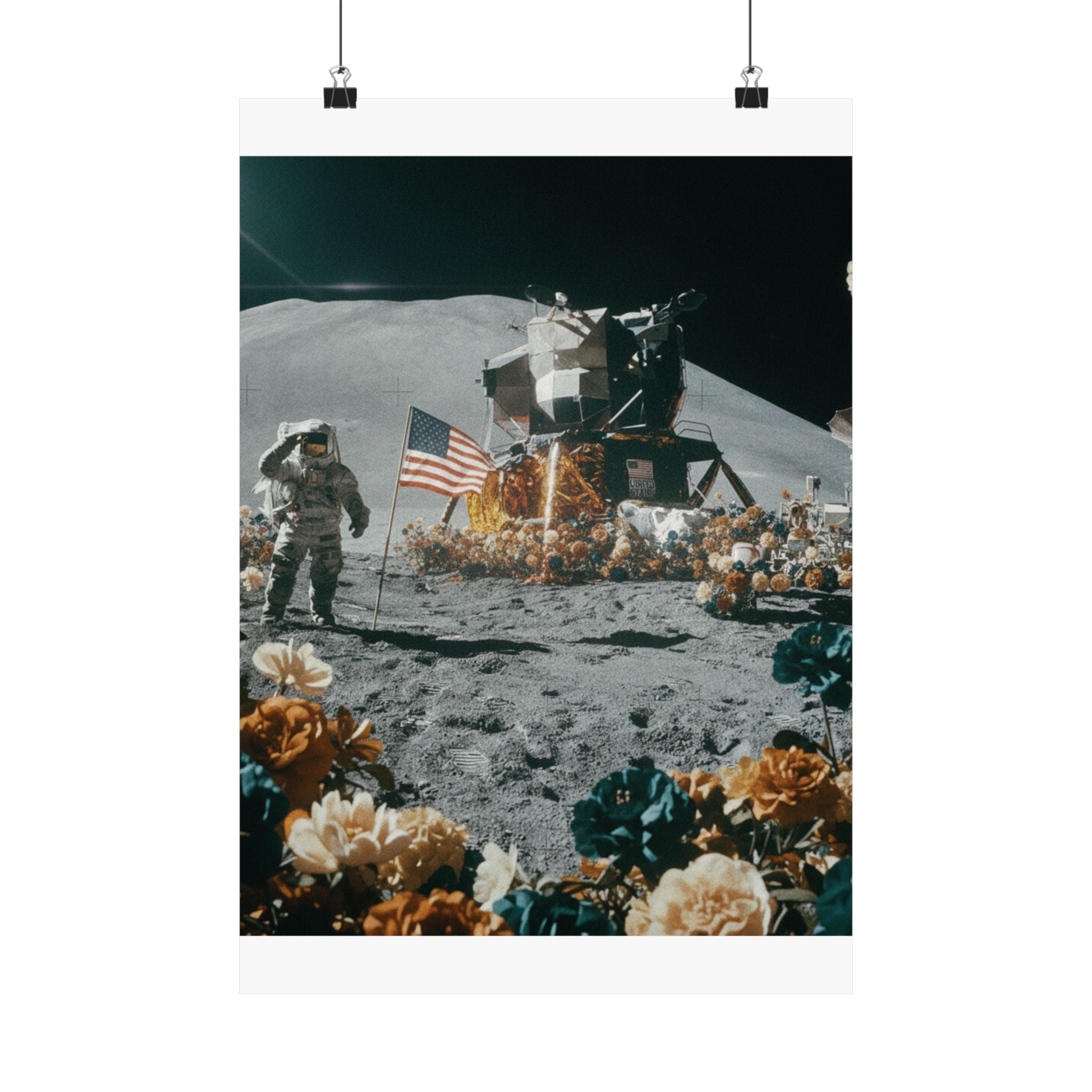 Astronaut Moon Landing in Bloom Surreal Space Poster