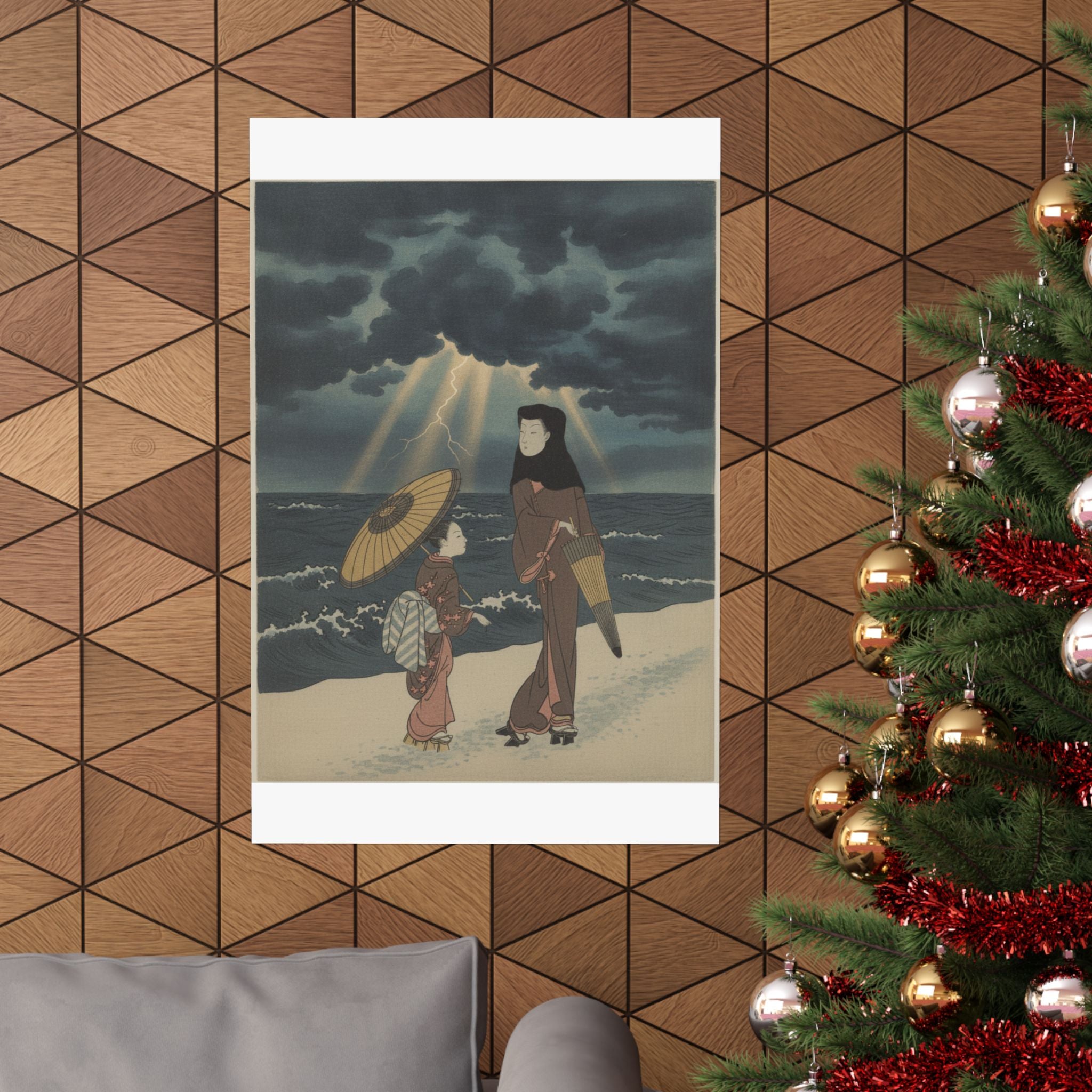 Dramatic Storm — Lady With Black Hood And Umbrella Out Walking With Young Attendant — Matte Poster