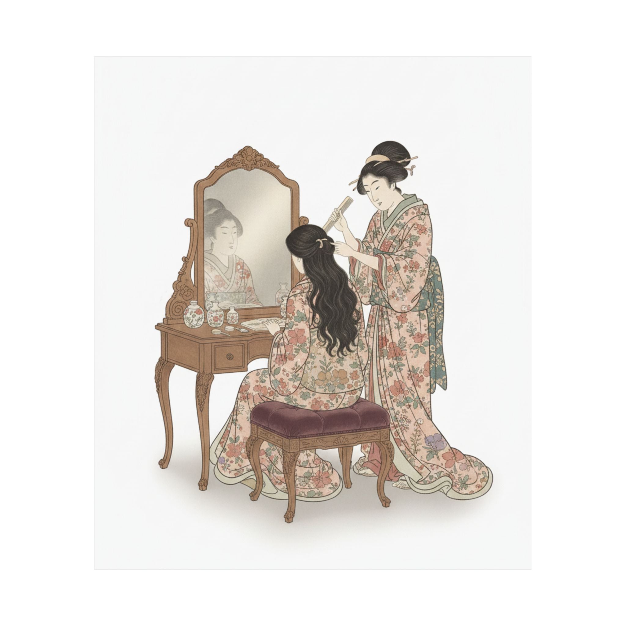 Ecommerce Main — A Woman At Her Toilet Seated Before A Mirror, Having Her Hair Combed By A Kameyu — Matte Poster