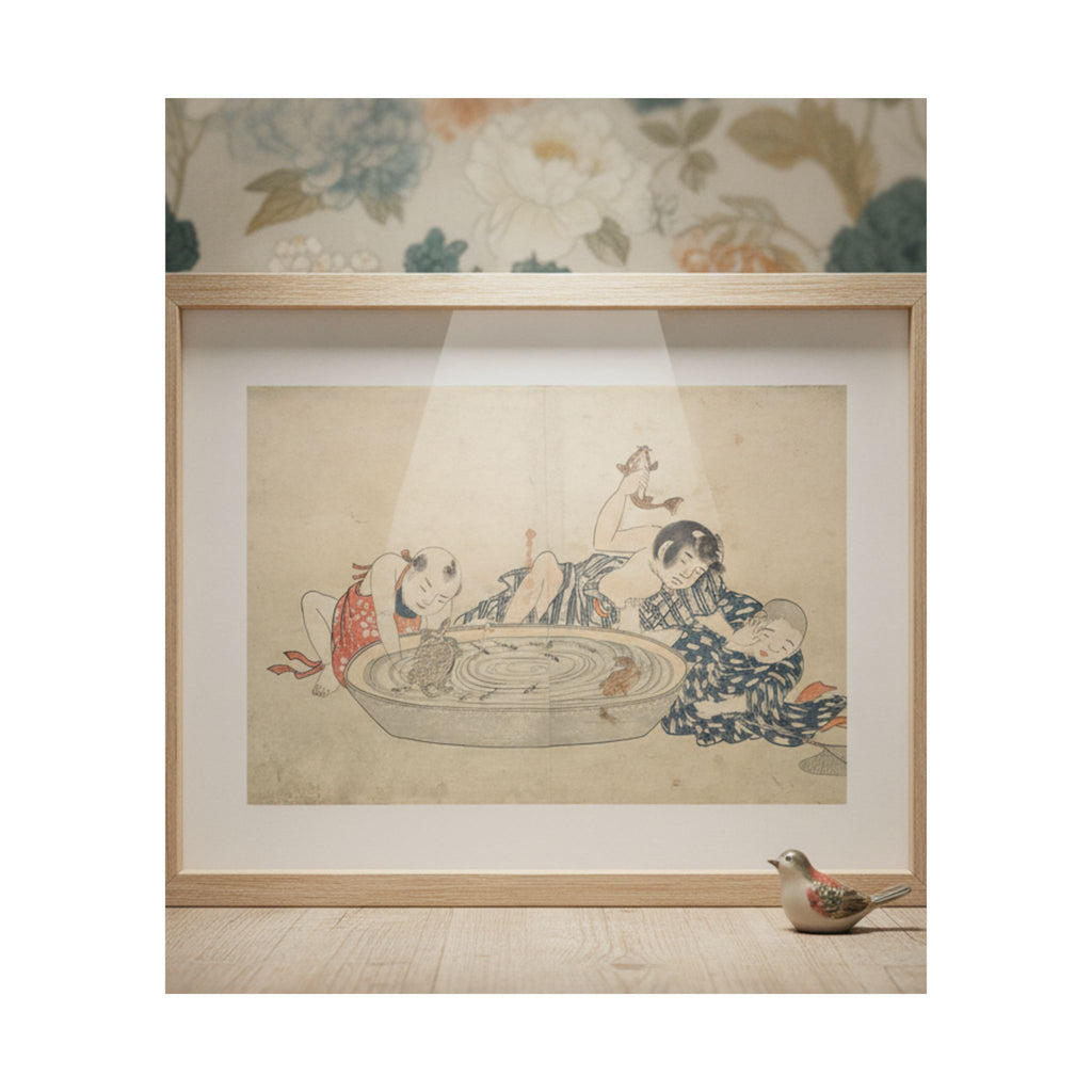 Product Marketing — Boys Playing With A Basin Of Fish And Turtles — Matte Poster